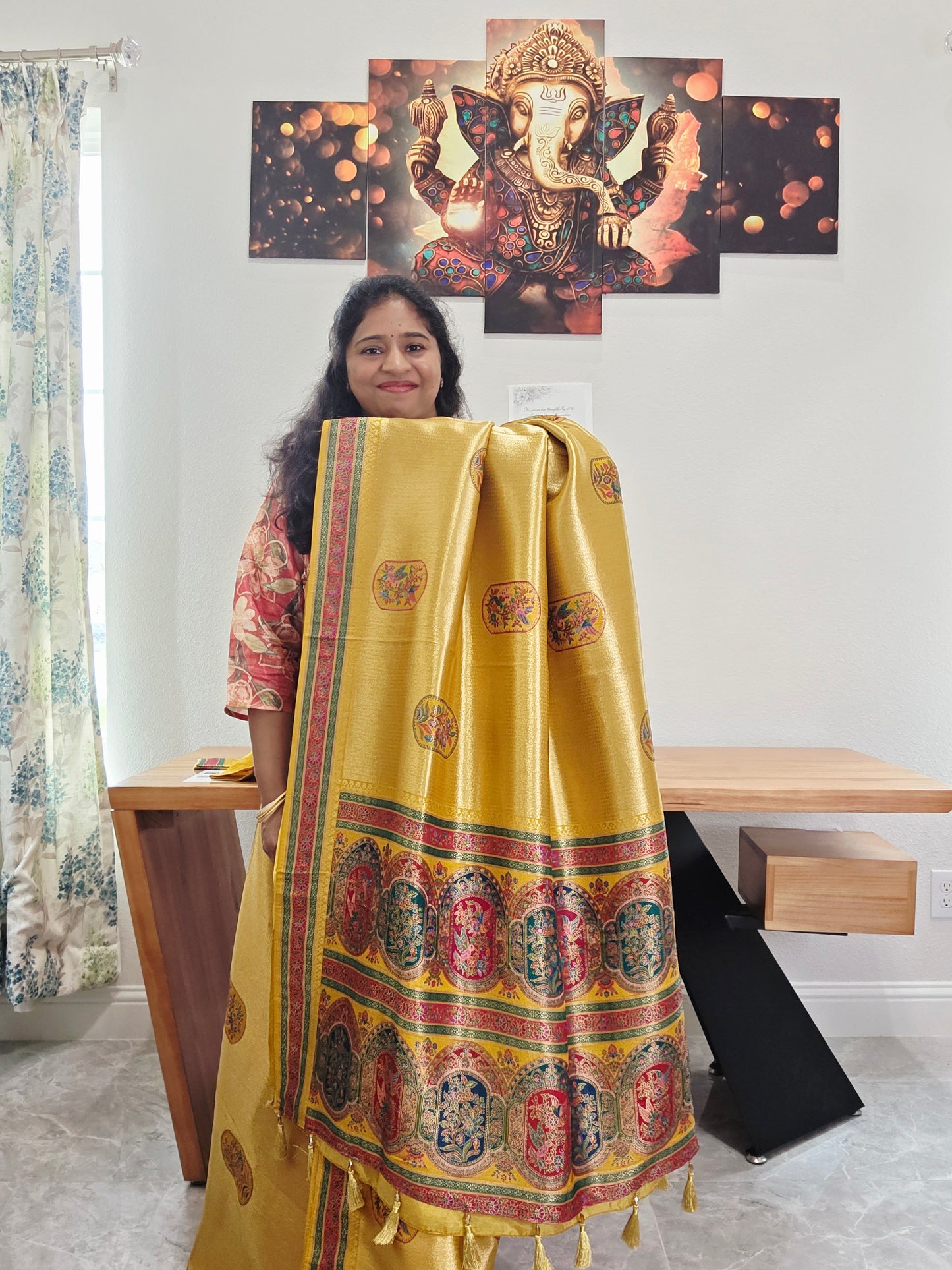 Mustard Yellow Designer Benarasi Soft Tissue Saree with Multicolor Woven Border & Stitched Blouse