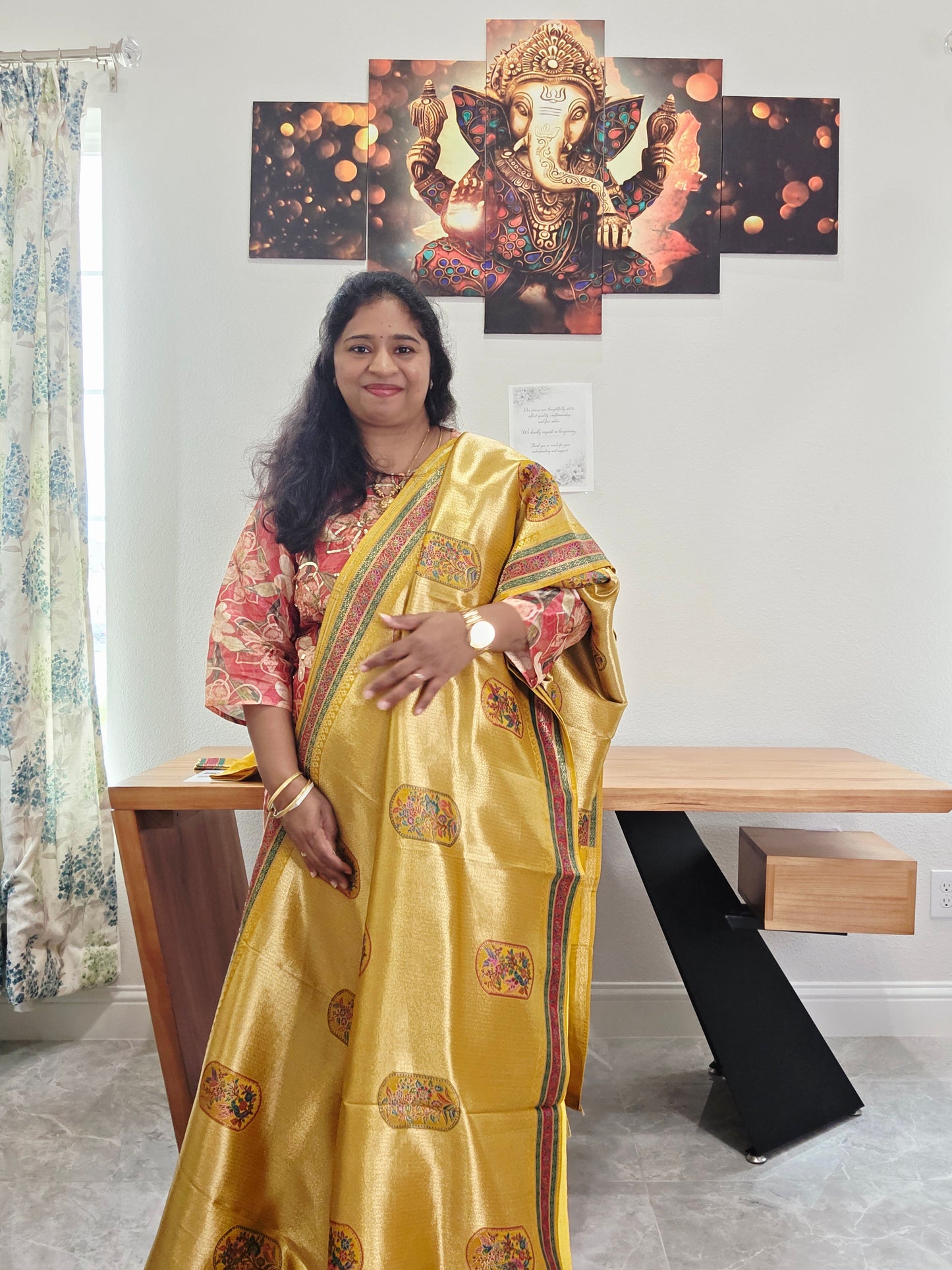Mustard Yellow Designer Benarasi Soft Tissue Saree with Multicolor Woven Border & Stitched Blouse