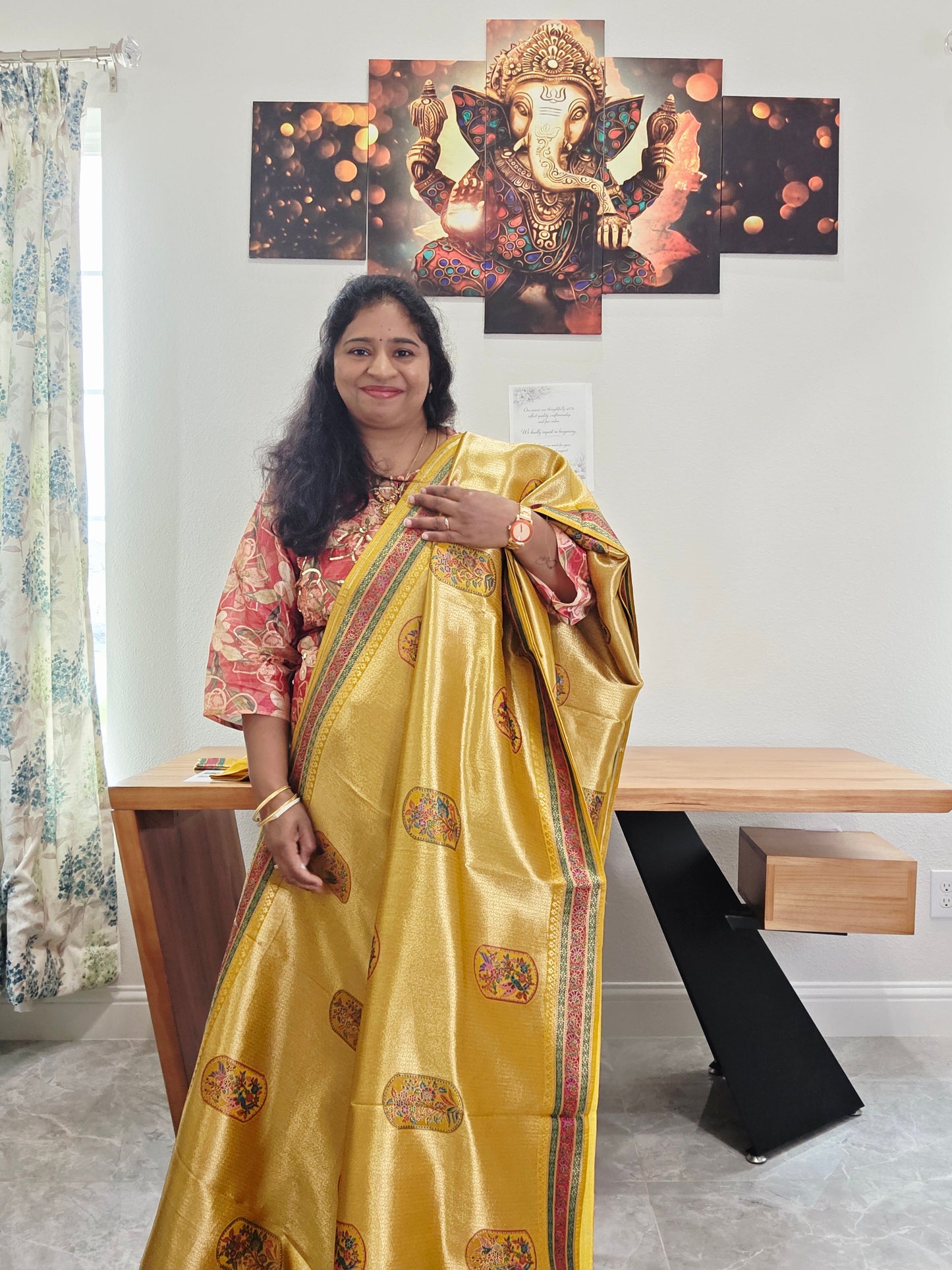 Mustard Yellow Designer Benarasi Soft Tissue Saree with Multicolor Woven Border & Stitched Blouse