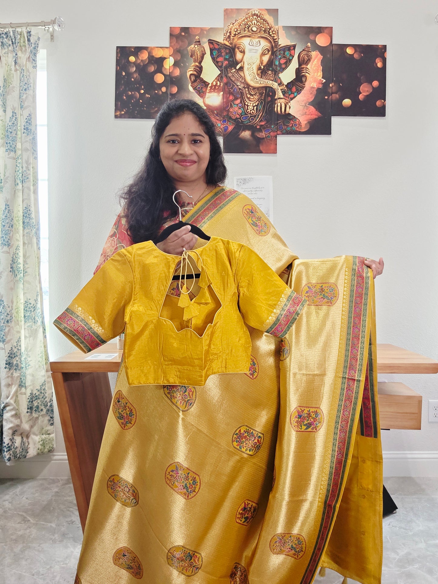Mustard Yellow Designer Benarasi Soft Tissue Saree with Multicolor Woven Border & Stitched Blouse