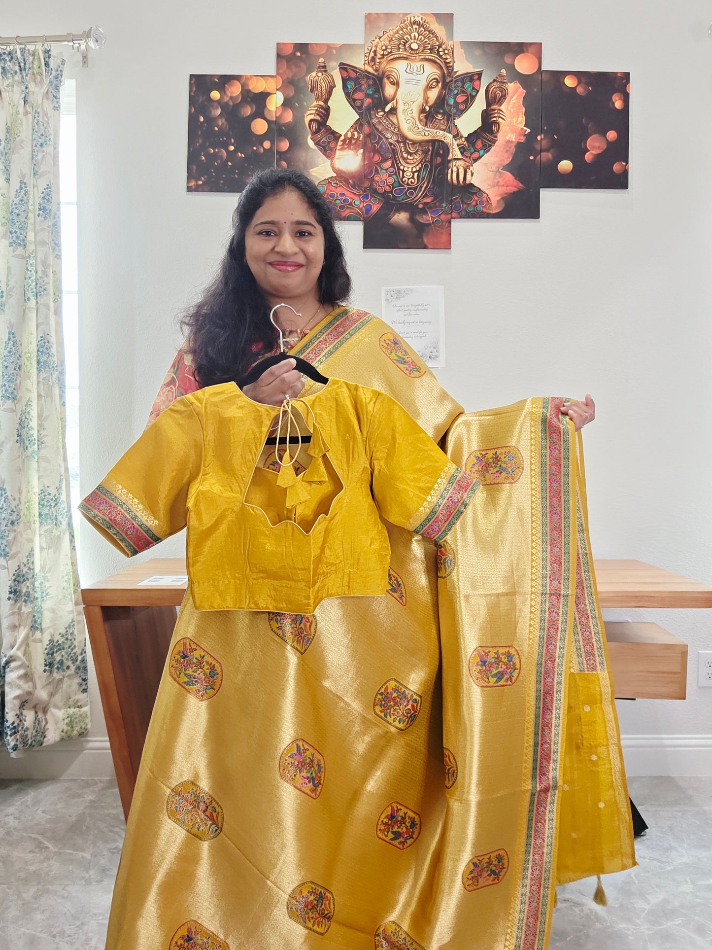 Mustard Yellow Designer Benarasi Soft Tissue Saree with Multicolor Woven Border & Stitched Blouse