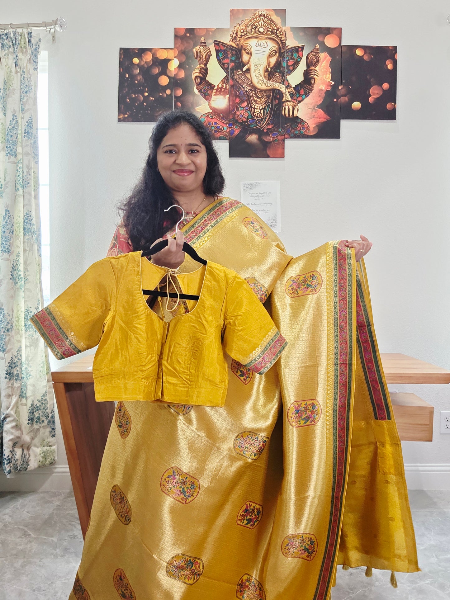 Mustard Yellow Designer Benarasi Soft Tissue Saree with Multicolor Woven Border & Stitched Blouse