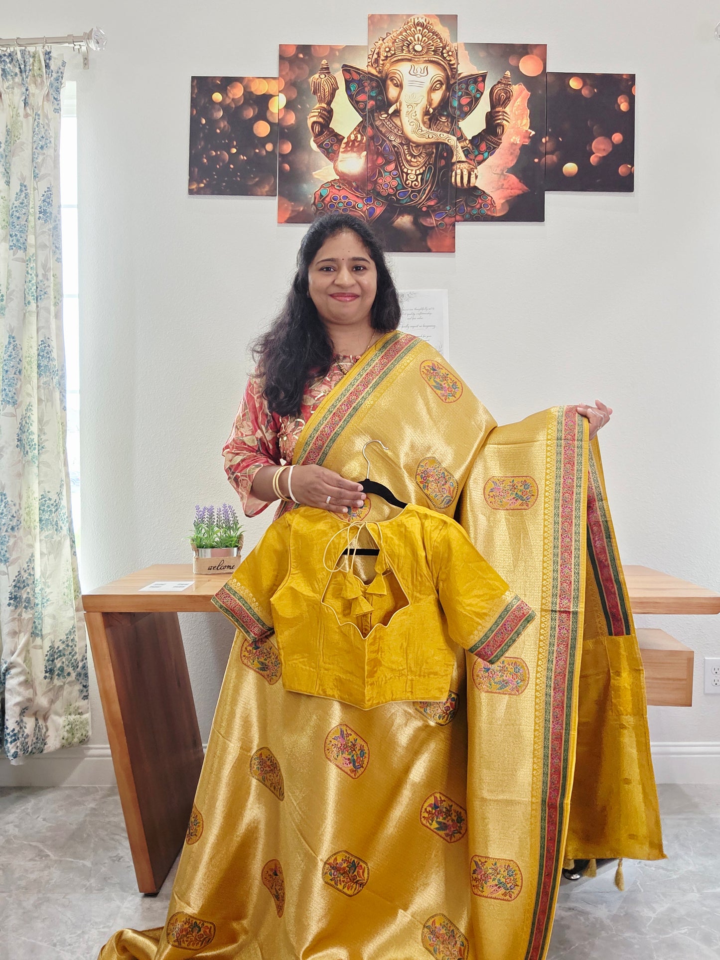 Mustard Yellow Designer Benarasi Soft Tissue Saree with Multicolor Woven Border & Stitched Blouse