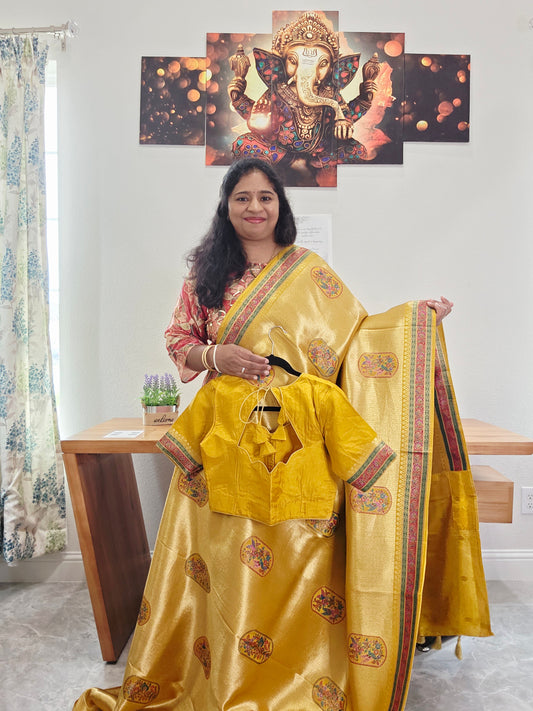 Mustard Yellow Designer Benarasi Soft Tissue Saree with Multicolor Woven Border & Stitched Blouse