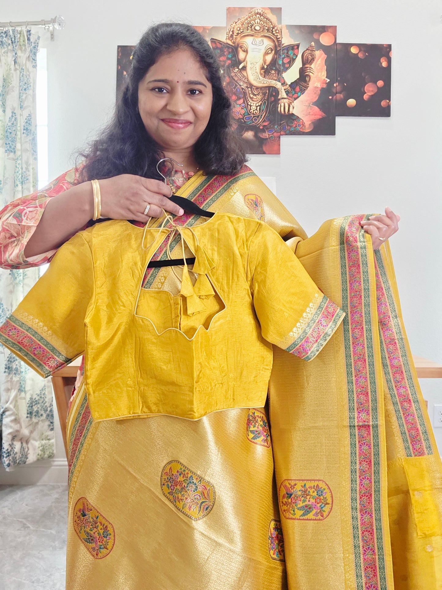 Mustard Yellow Designer Benarasi Soft Tissue Saree with Multicolor Woven Border & Stitched Blouse