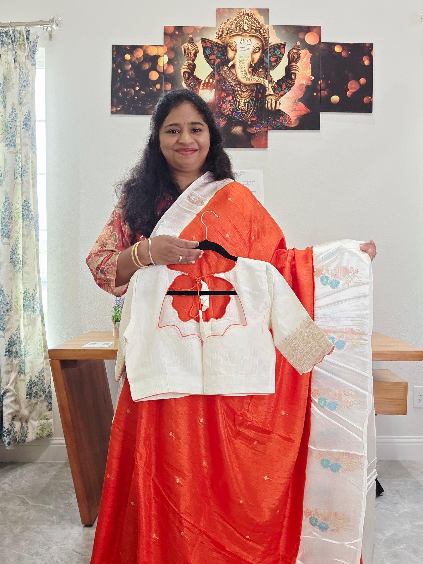 Dark Orange Dola Banarasi Crepe Silk Saree with Off-White Border | Stitched Blouse | Ready to Ship from Texas
