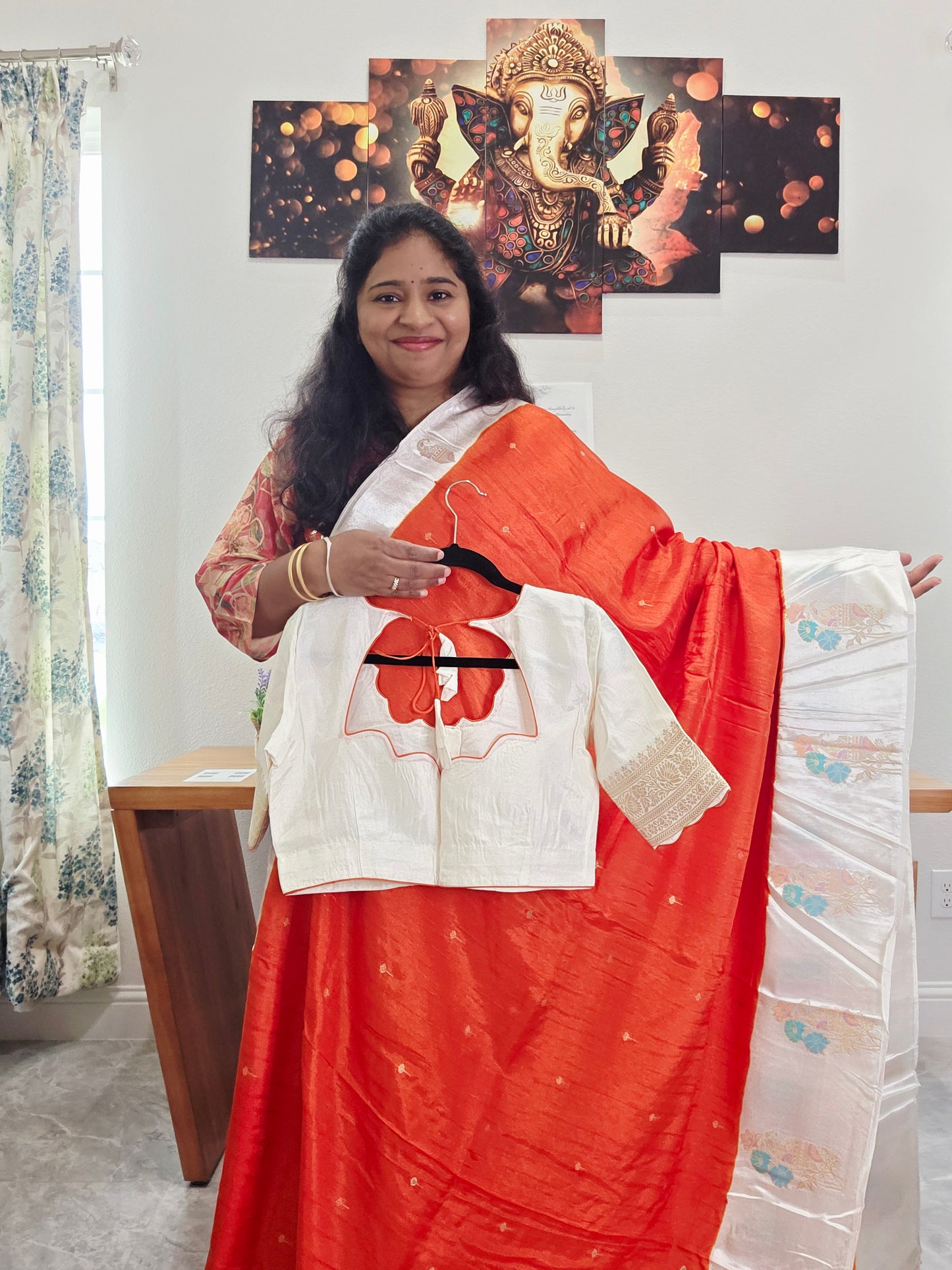 Dark Orange Dola Banarasi Crepe Silk Saree with Off-White Border | Stitched Blouse | Ready to Ship from Texas