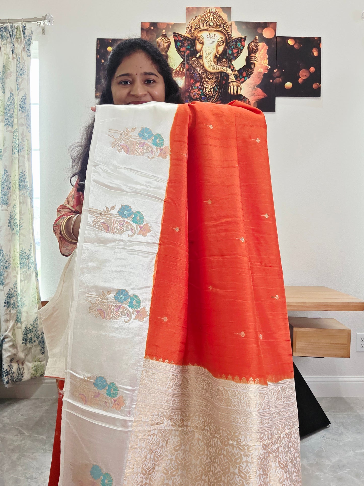 Dark Orange Dola Banarasi Crepe Silk Saree with Off-White Border | Stitched Blouse | Ready to Ship from Texas