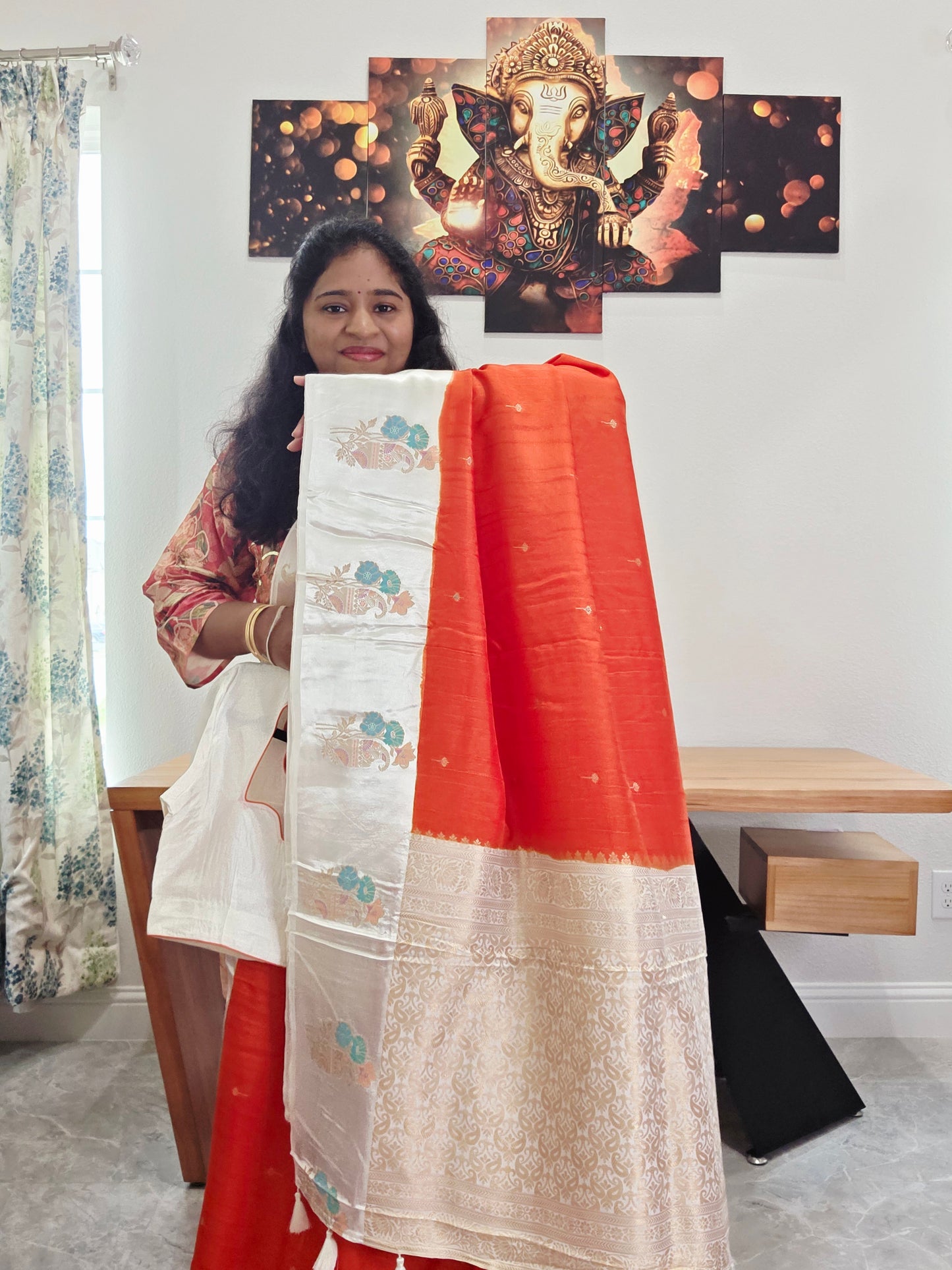 Dark Orange Dola Banarasi Crepe Silk Saree with Off-White Border | Stitched Blouse | Ready to Ship from Texas