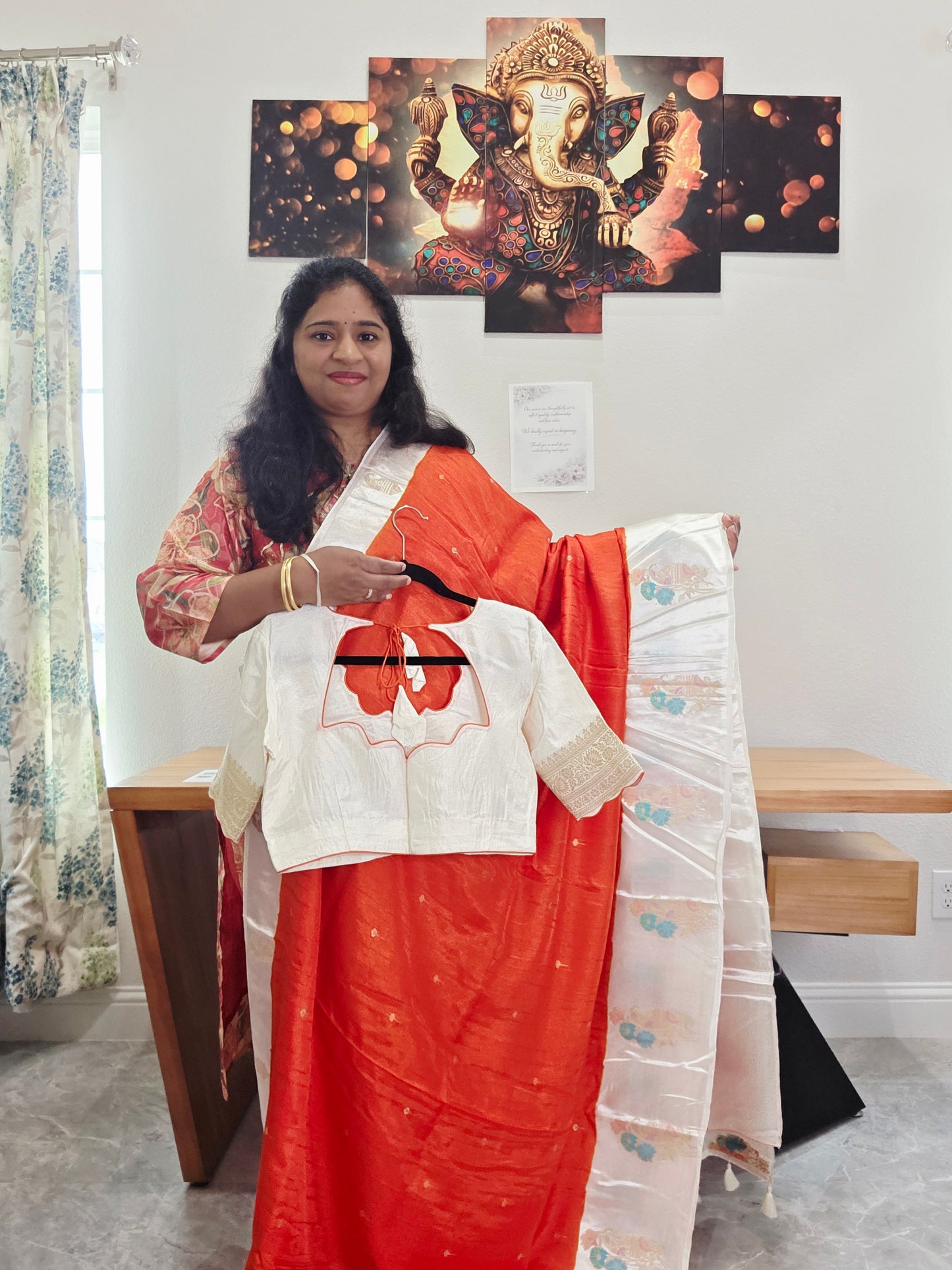 Dark Orange Dola Banarasi Crepe Silk Saree with Off-White Border | Stitched Blouse | Ready to Ship from Texas