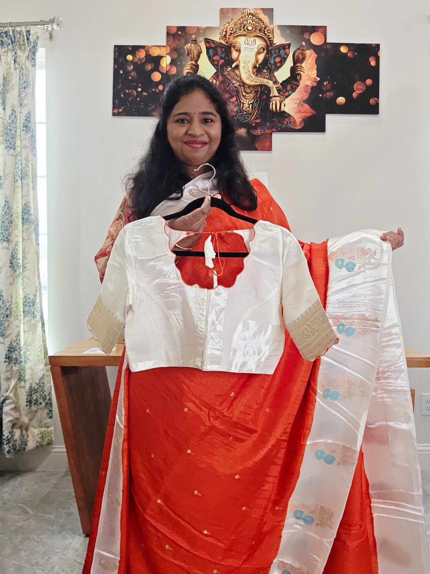 Dark Orange Dola Banarasi Crepe Silk Saree with Off-White Border | Stitched Blouse | Ready to Ship from Texas