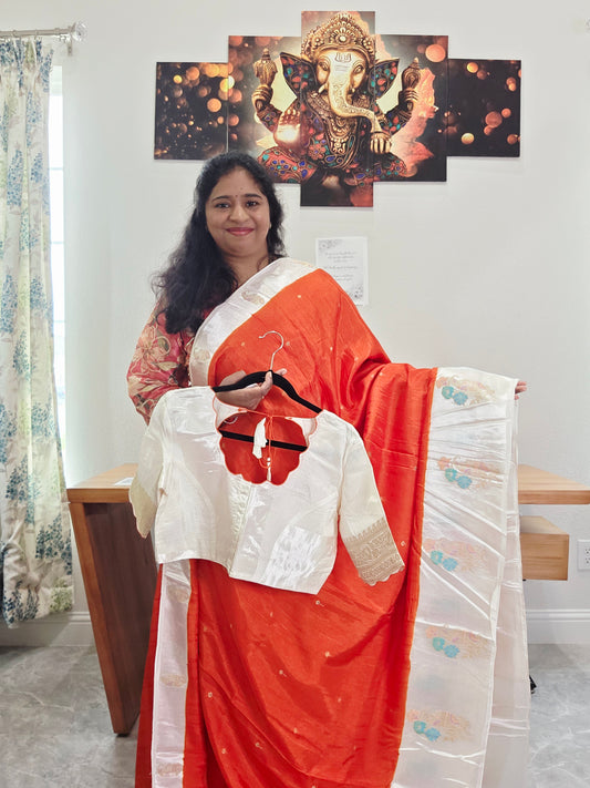 Dark Orange Dola Banarasi Crepe Silk Saree with Off-White Border | Stitched Blouse | Ready to Ship from Texas