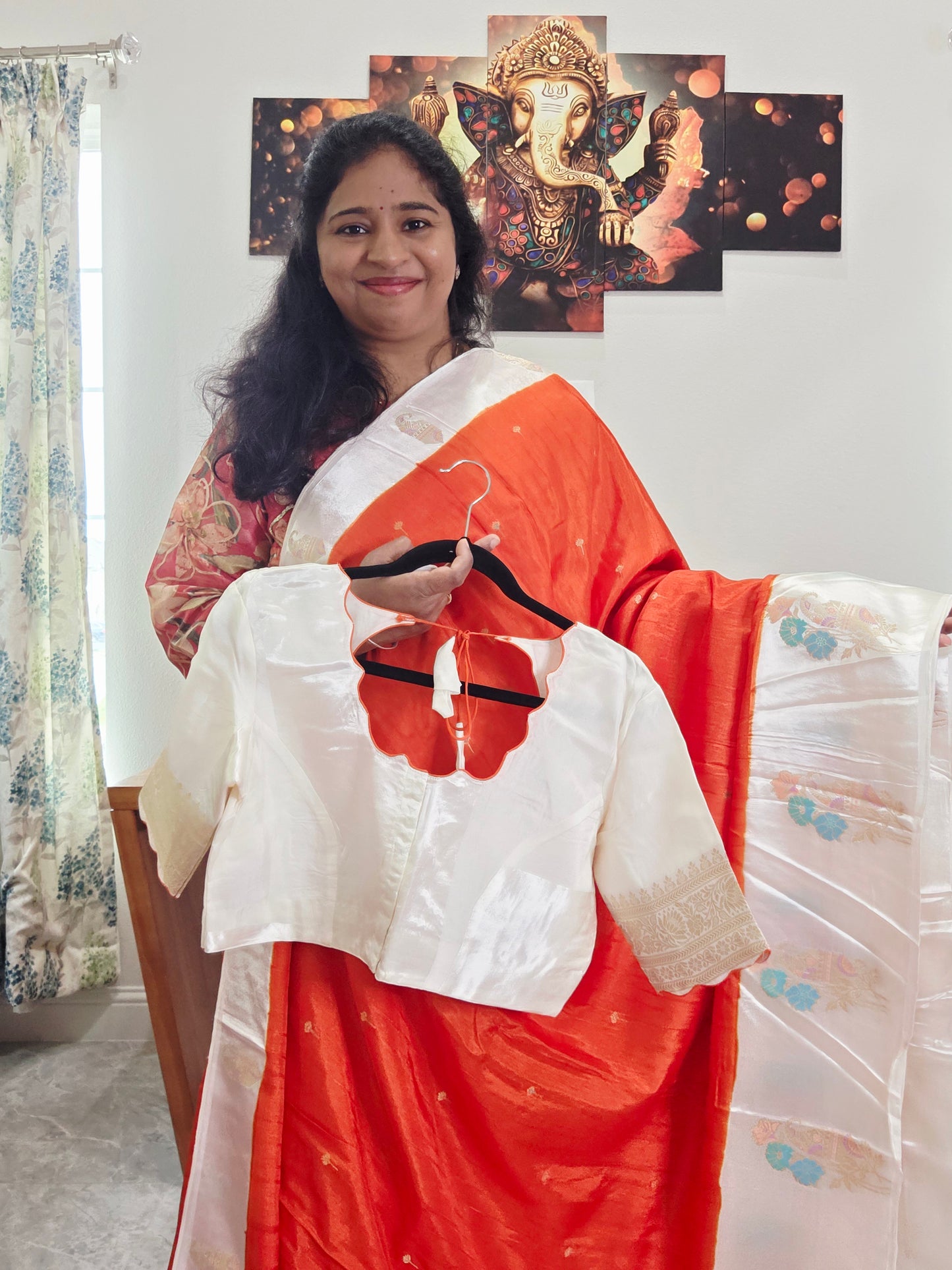 Dark Orange Dola Banarasi Crepe Silk Saree with Off-White Border | Stitched Blouse | Ready to Ship from Texas