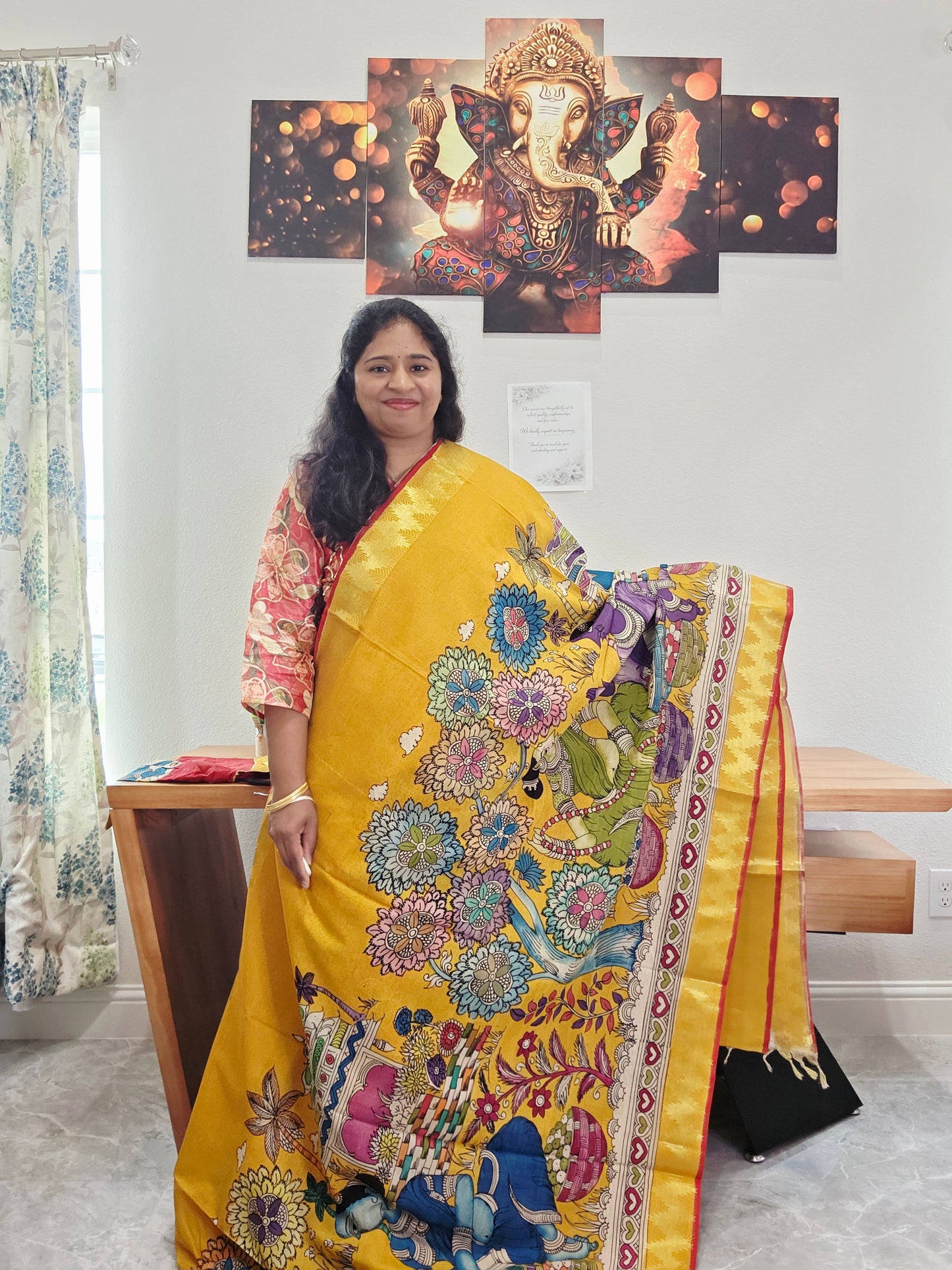 Bangalore Silk Kalamkari Hand-Painted Saree with Zari Border & Stitched Blouse
