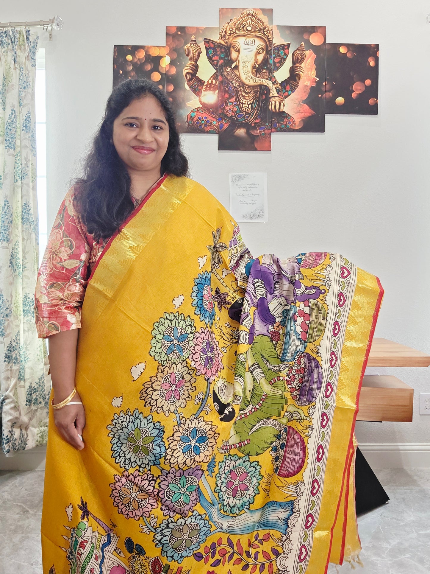 Bangalore Silk Kalamkari Hand-Painted Saree with Zari Border & Stitched Blouse