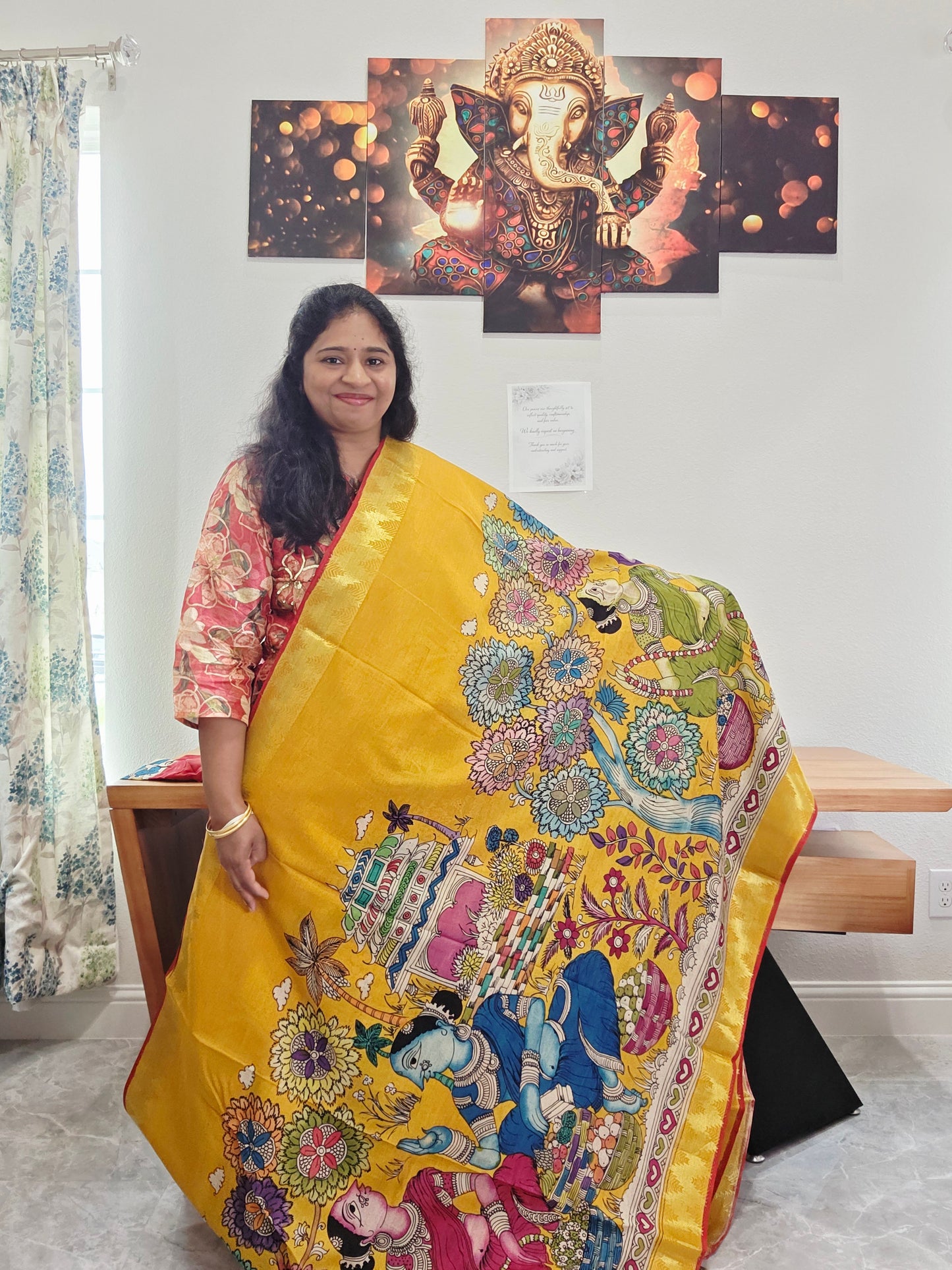 Bangalore Silk Kalamkari Hand-Painted Saree with Zari Border & Stitched Blouse