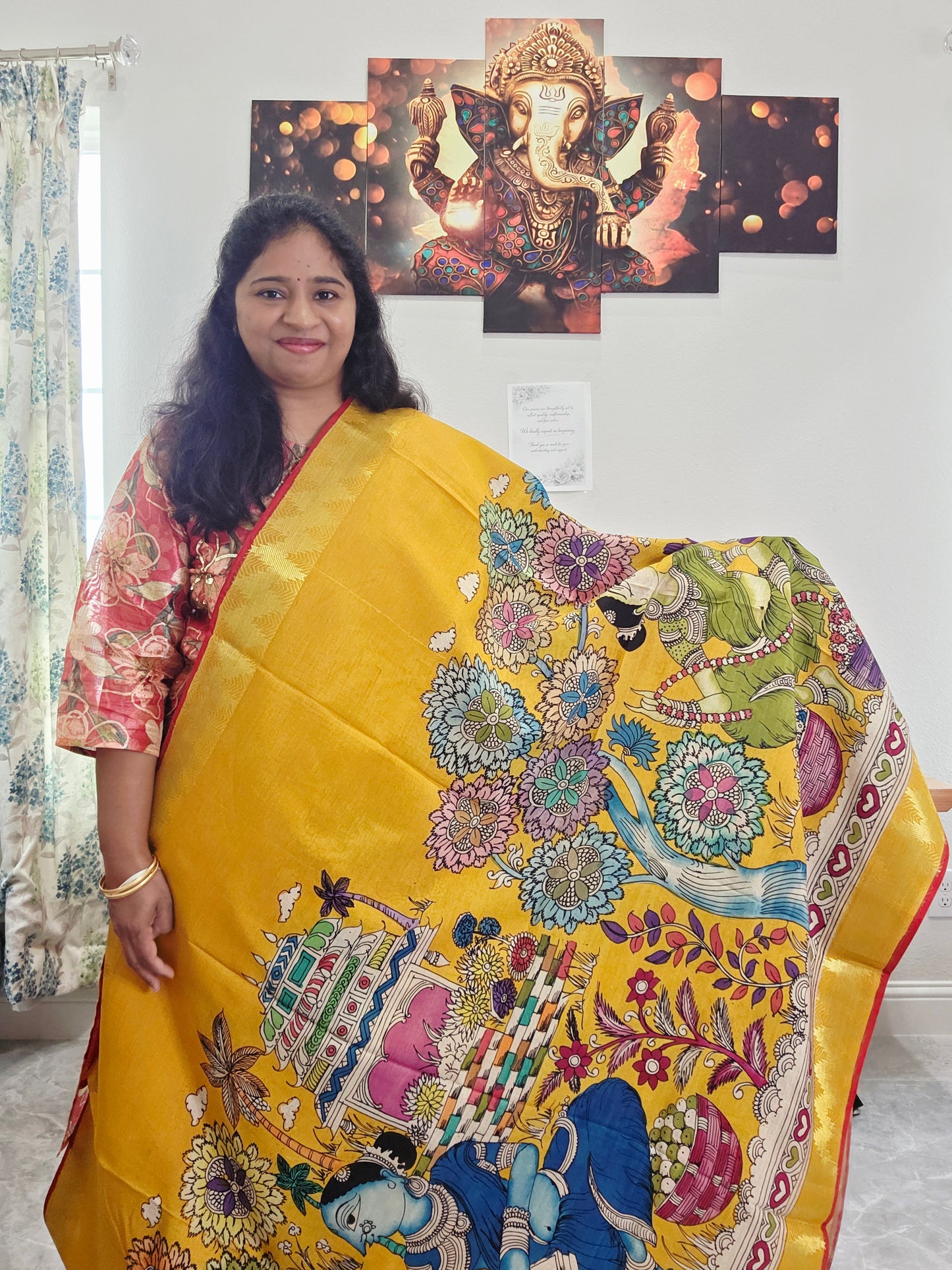 Bangalore Silk Kalamkari Hand-Painted Saree with Zari Border & Stitched Blouse