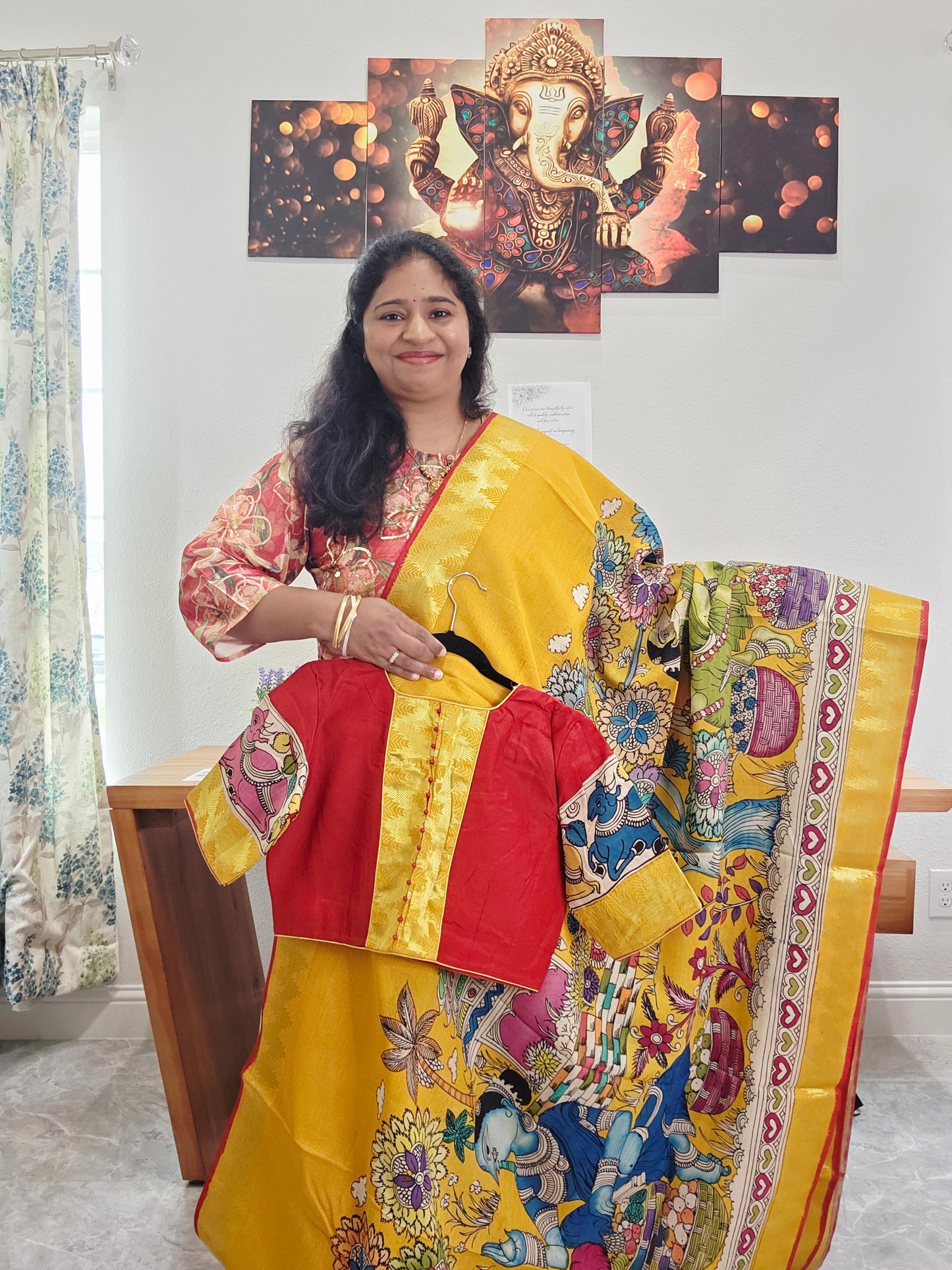 Bangalore Silk Kalamkari Hand-Painted Saree with Zari Border & Stitched Blouse
