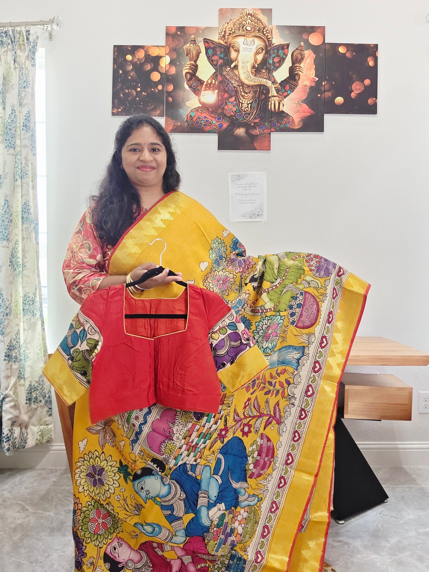 Bangalore Silk Kalamkari Hand-Painted Saree with Zari Border & Stitched Blouse