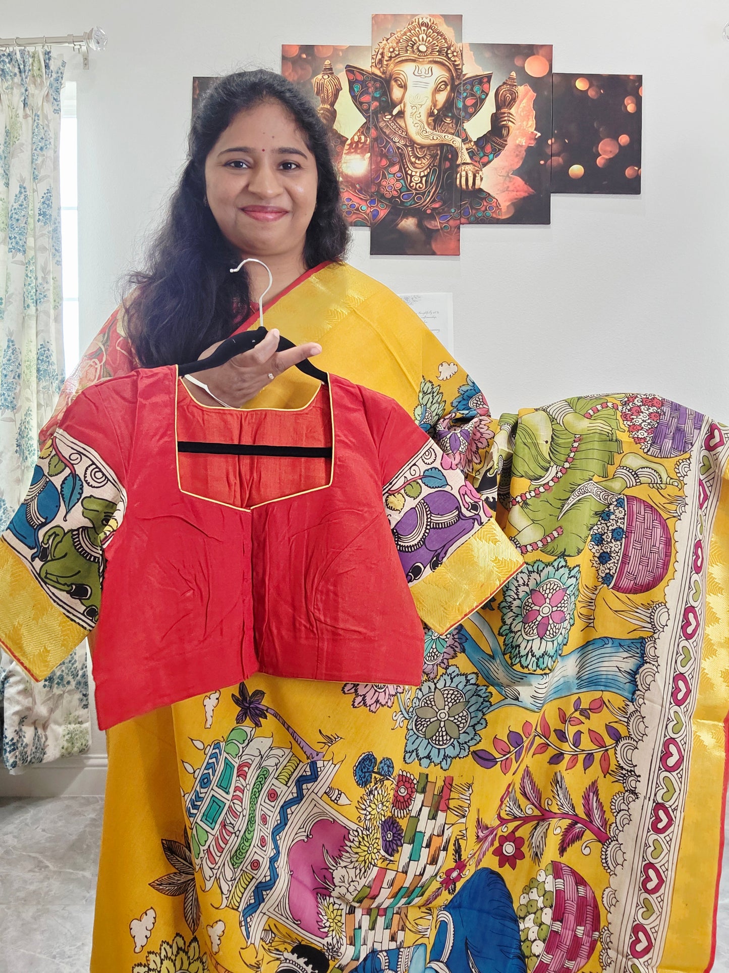 Bangalore Silk Kalamkari Hand-Painted Saree with Zari Border & Stitched Blouse