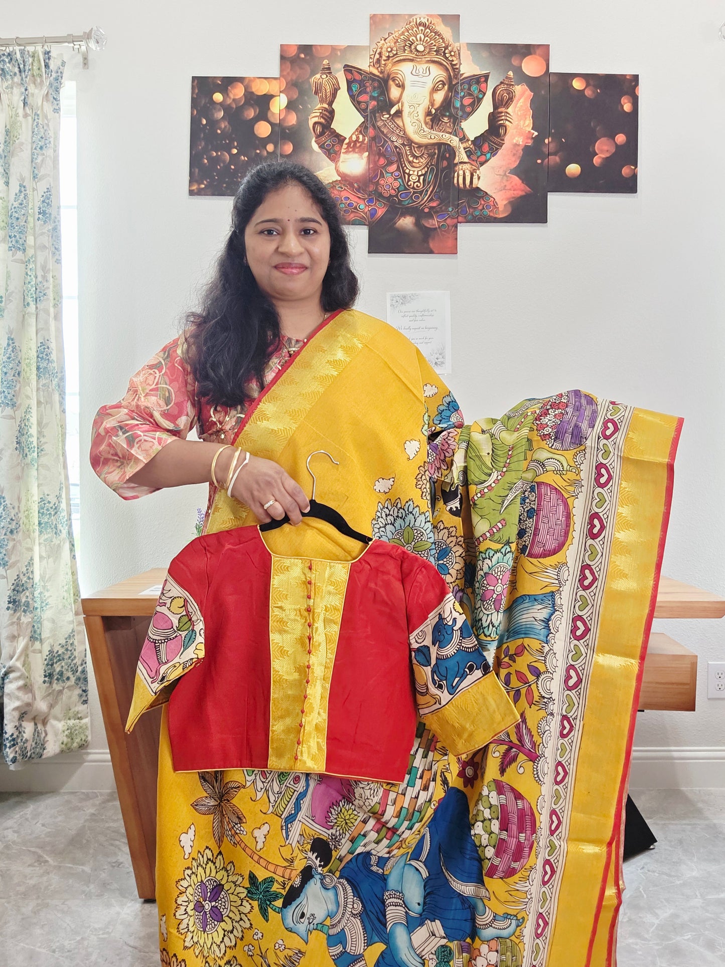 Bangalore Silk Kalamkari Hand-Painted Saree with Zari Border & Stitched Blouse