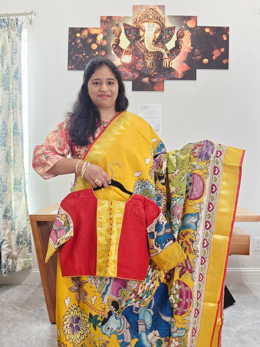 Bangalore Silk Kalamkari Hand-Painted Saree with Zari Border & Stitched Blouse