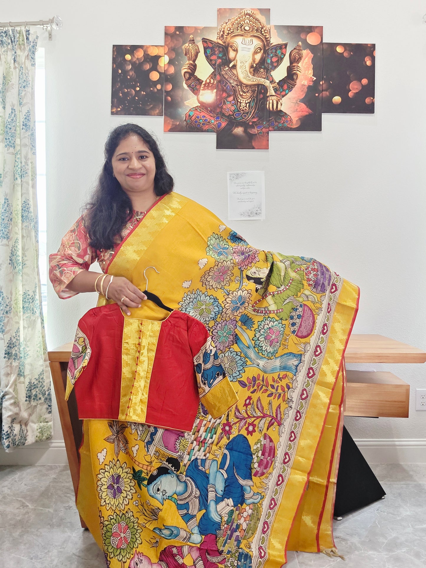 Bangalore Silk Kalamkari Hand-Painted Saree with Zari Border & Stitched Blouse