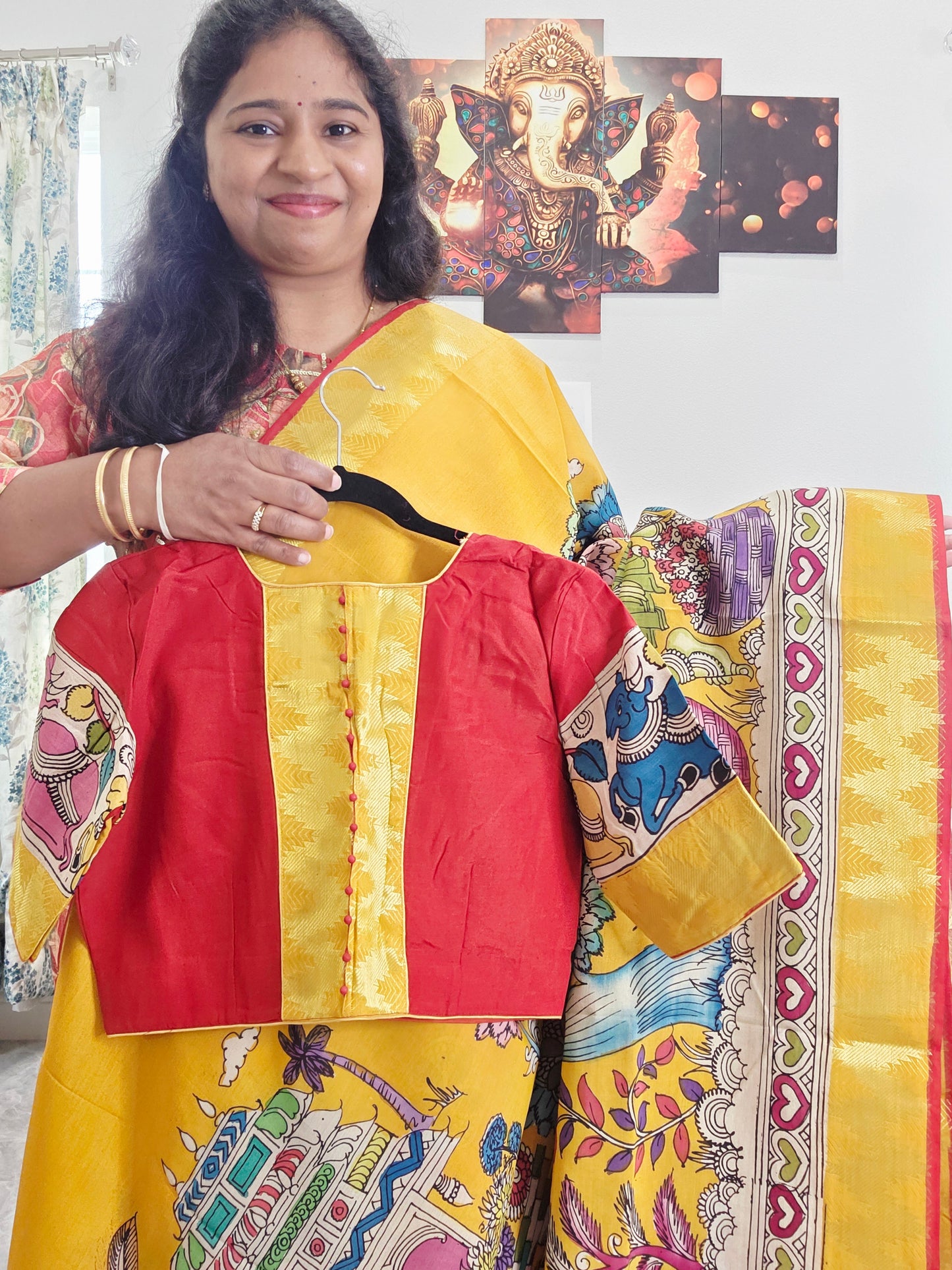 Bangalore Silk Kalamkari Hand-Painted Saree with Zari Border & Stitched Blouse