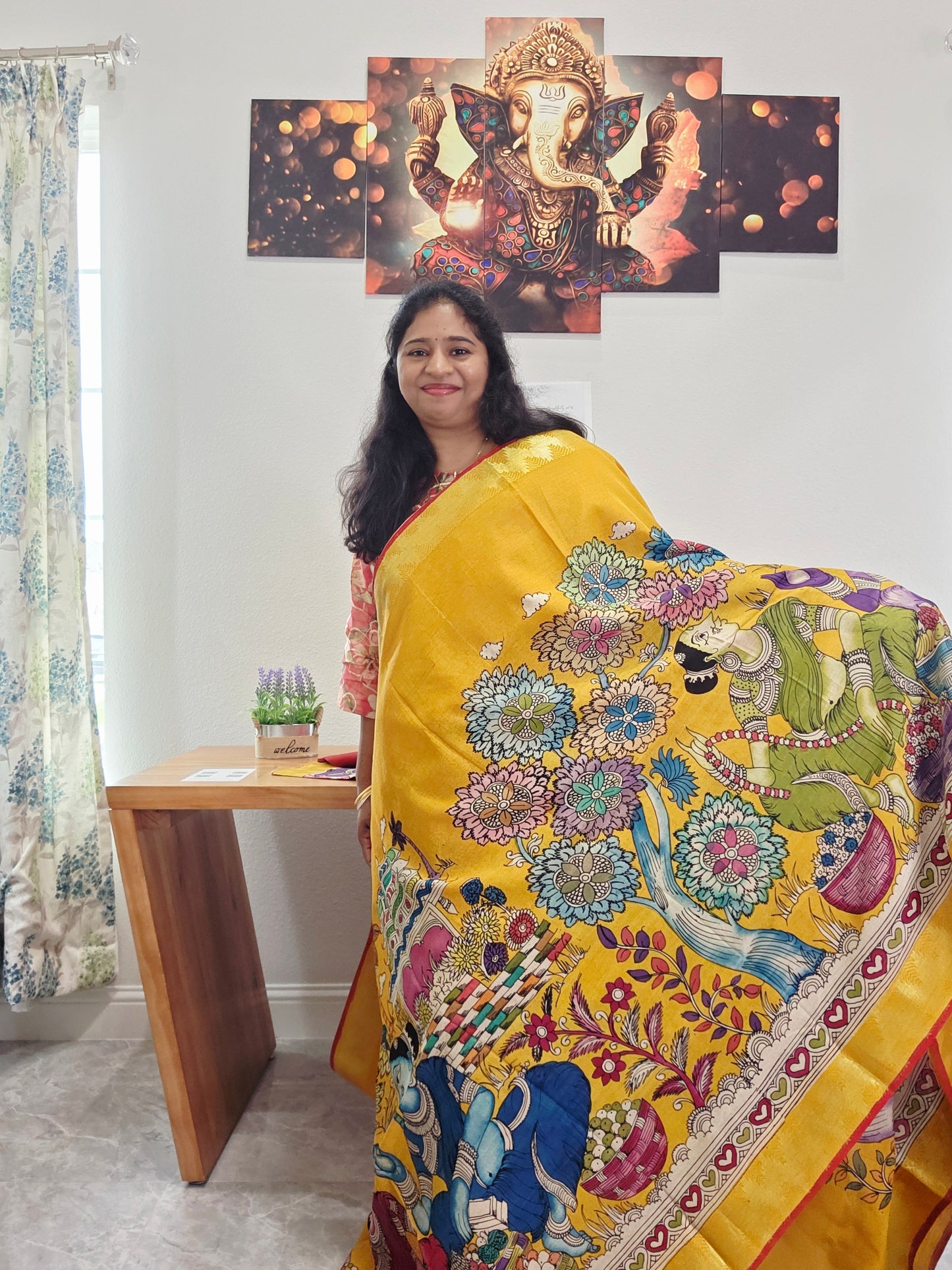 Bangalore Silk Kalamkari Hand-Painted Saree with Zari Border & Stitched Blouse