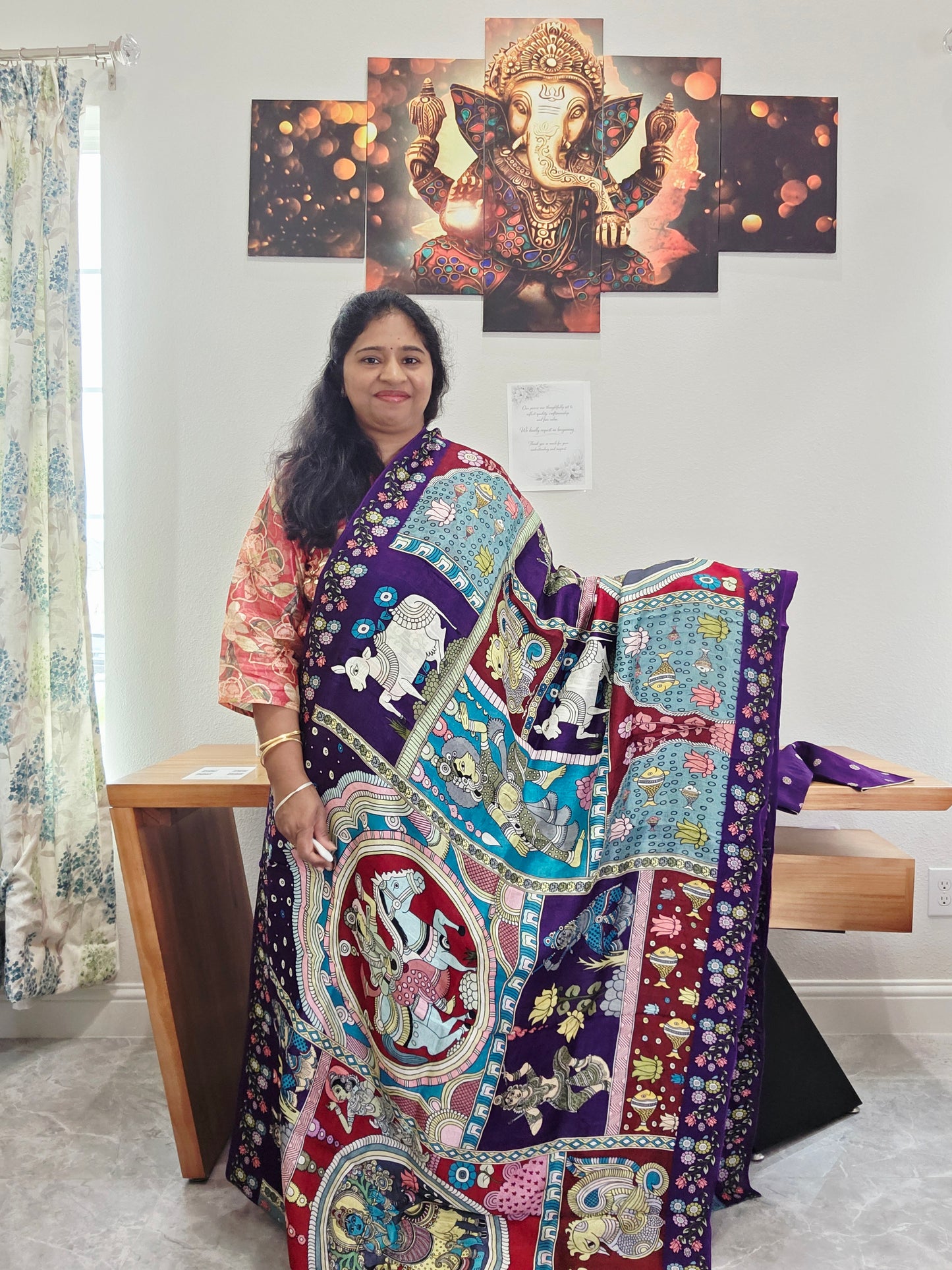 Kalamkari Print Tussar Raw Silk Style Saree with Stitched Blouse