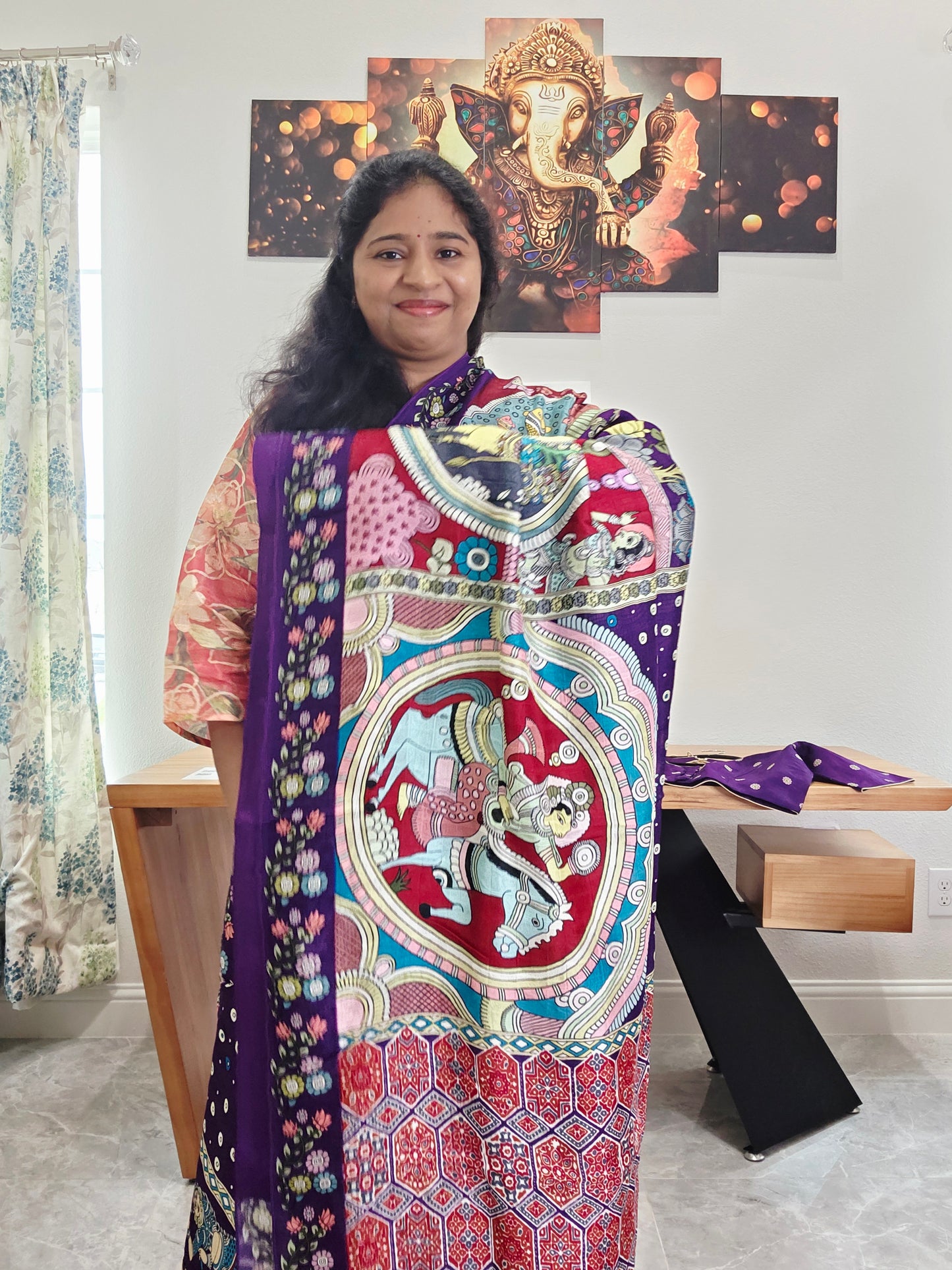 Kalamkari Print Tussar Raw Silk Style Saree with Stitched Blouse