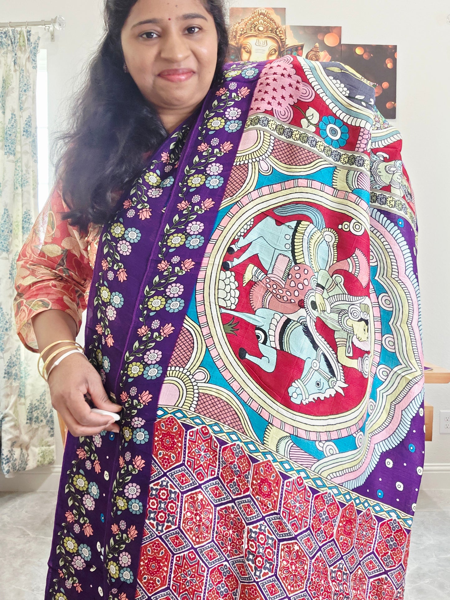 Kalamkari Print Tussar Raw Silk Style Saree with Stitched Blouse