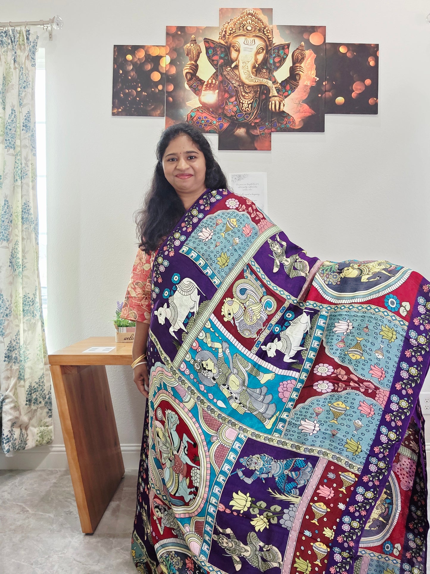 Kalamkari Print Tussar Raw Silk Style Saree with Stitched Blouse
