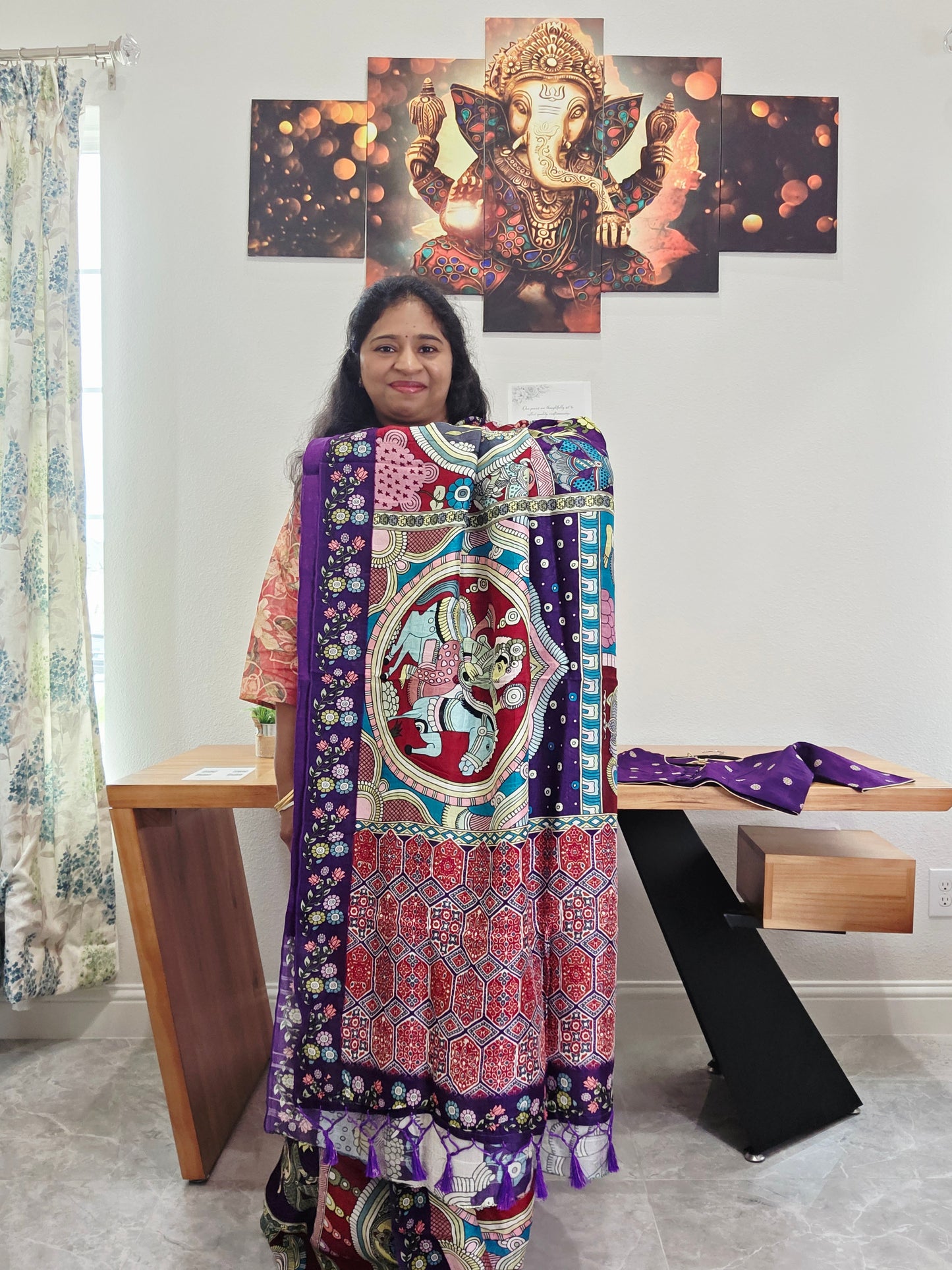 Kalamkari Print Tussar Raw Silk Style Saree with Stitched Blouse