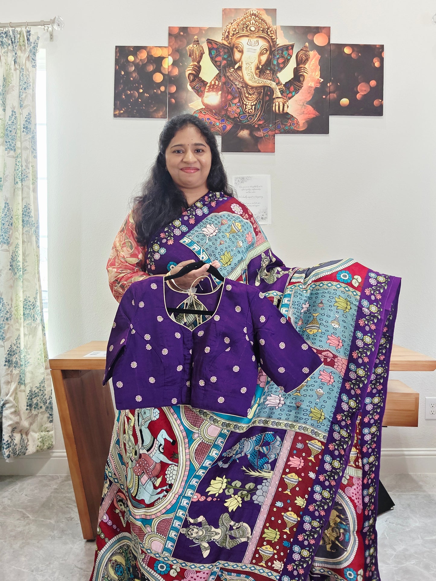 Kalamkari Print Tussar Raw Silk Style Saree with Stitched Blouse
