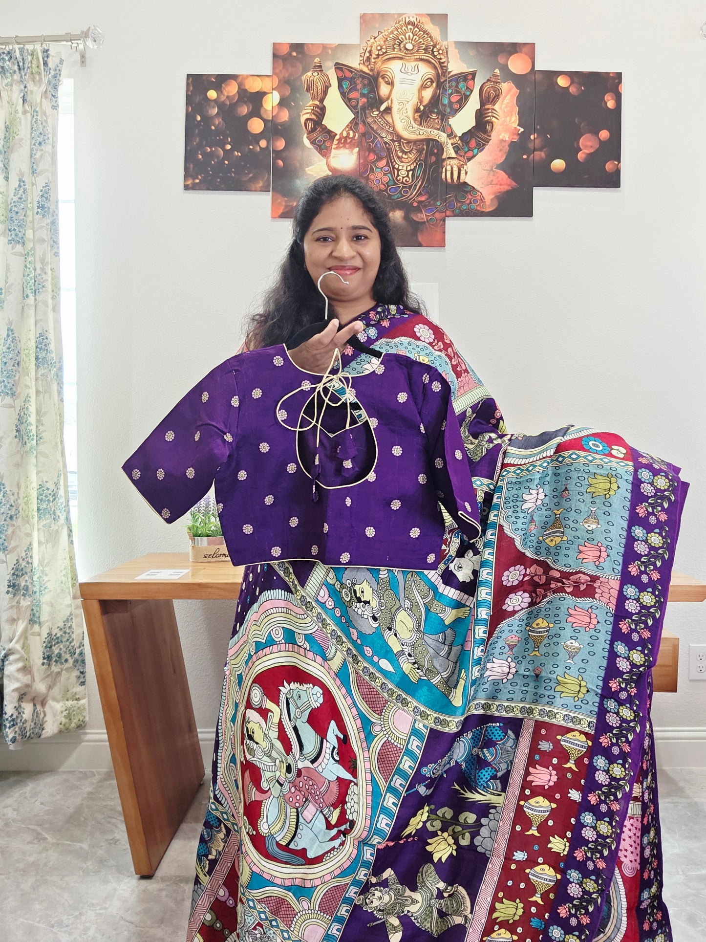 Kalamkari Print Tussar Raw Silk Style Saree with Stitched Blouse