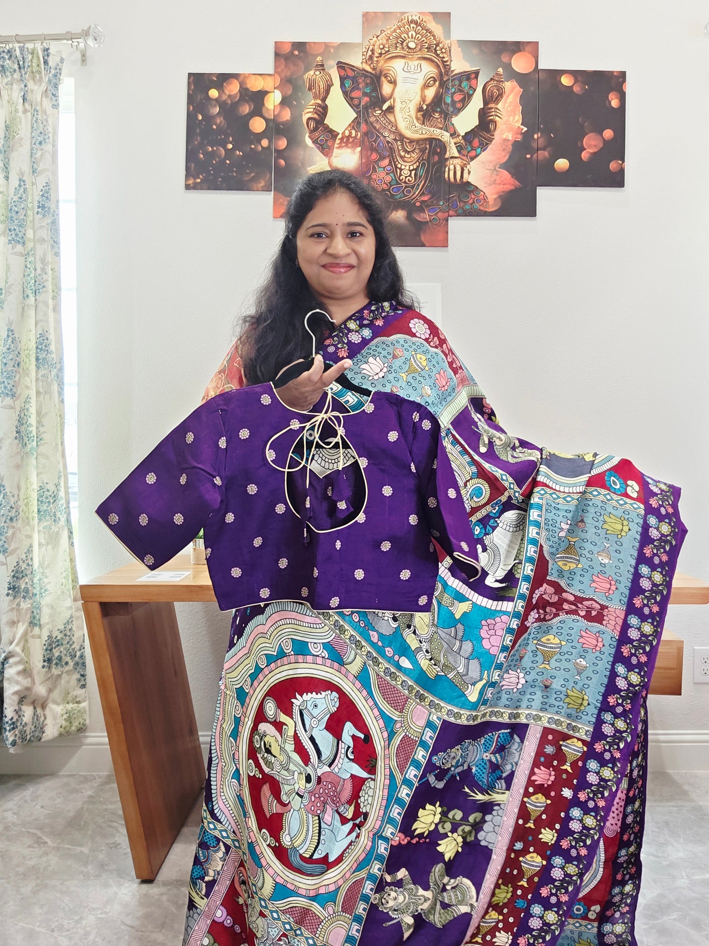 Kalamkari Print Tussar Raw Silk Style Saree with Stitched Blouse