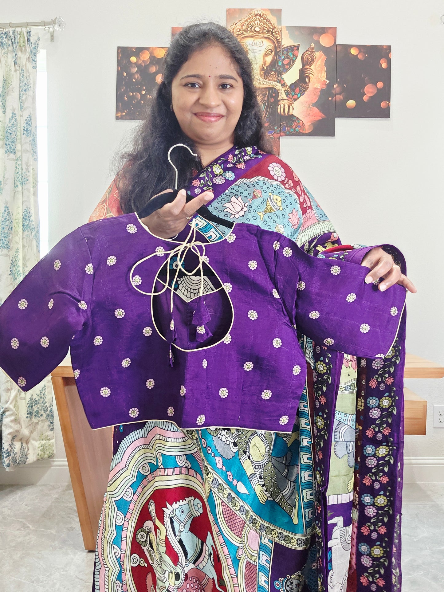 Kalamkari Print Tussar Raw Silk Style Saree with Stitched Blouse