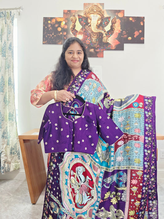 Kalamkari Print Tussar Raw Silk Style Saree with Stitched Blouse