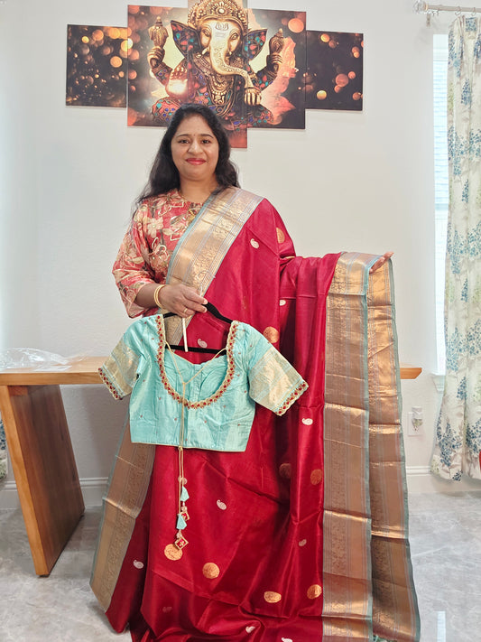 Authentic Pure Silk by Silk Handloom Saree –  Maggam Blouse, Wedding & Festive Wear – Ready to Ship