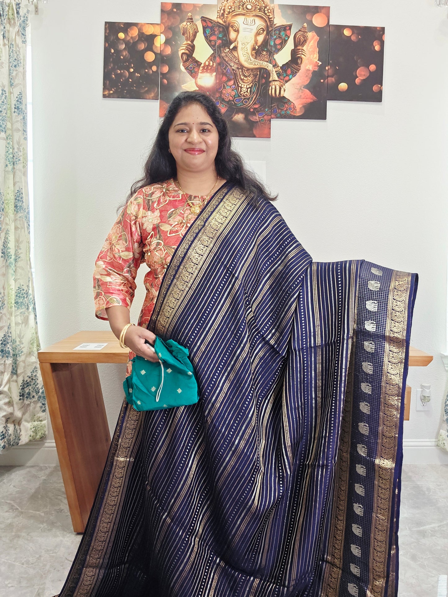 Midnight Navy Munga Georgette Lines Saree with Blouse Piece