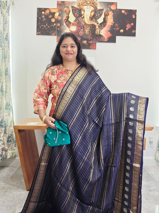 Midnight Navy Munga Georgette Lines Saree with Blouse Piece