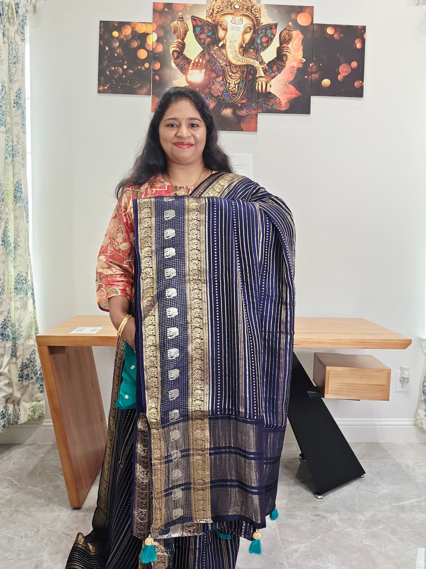 Midnight Navy Munga Georgette Lines Saree with Blouse Piece