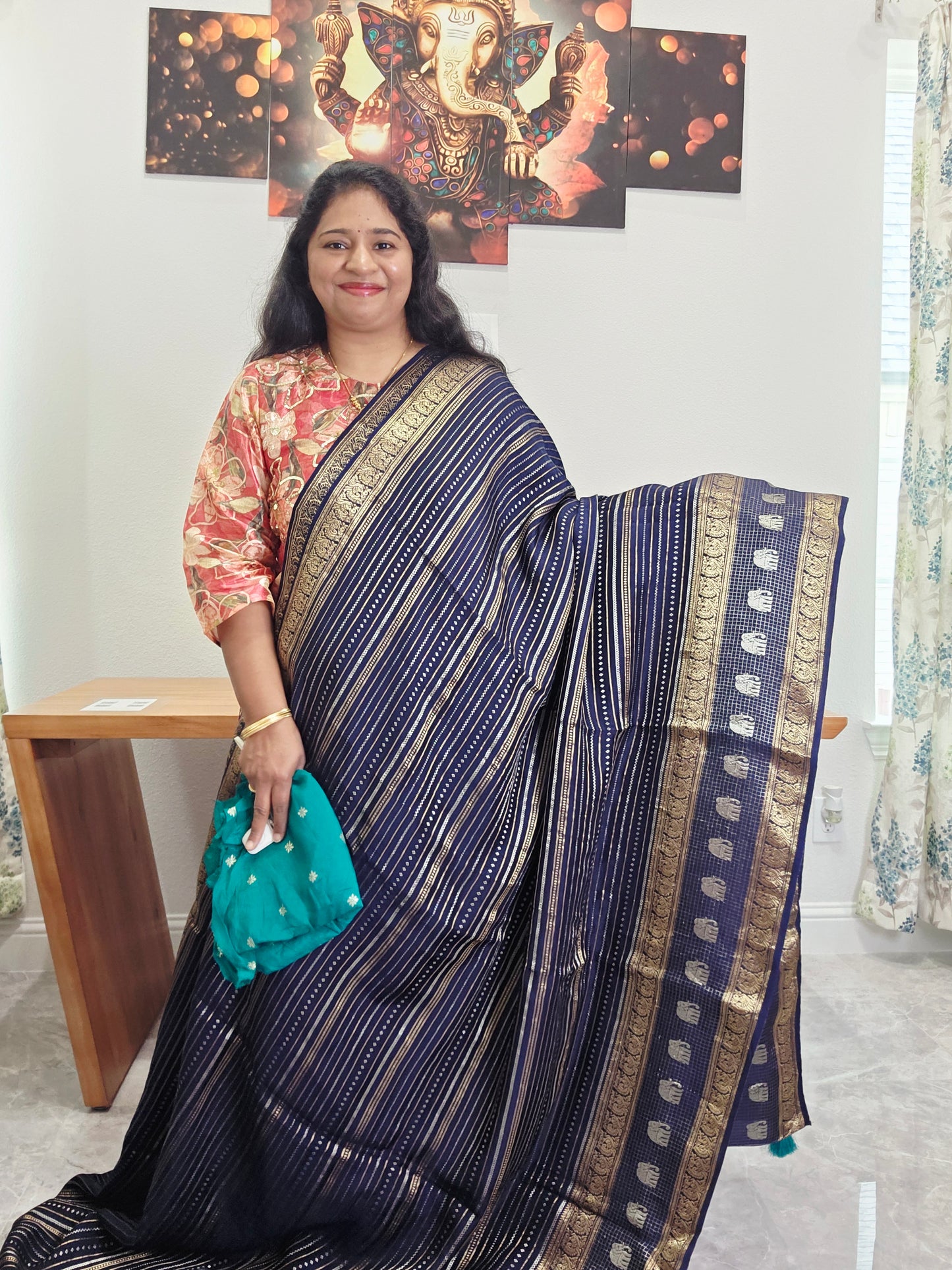 Midnight Navy Munga Georgette Lines Saree with Blouse Piece