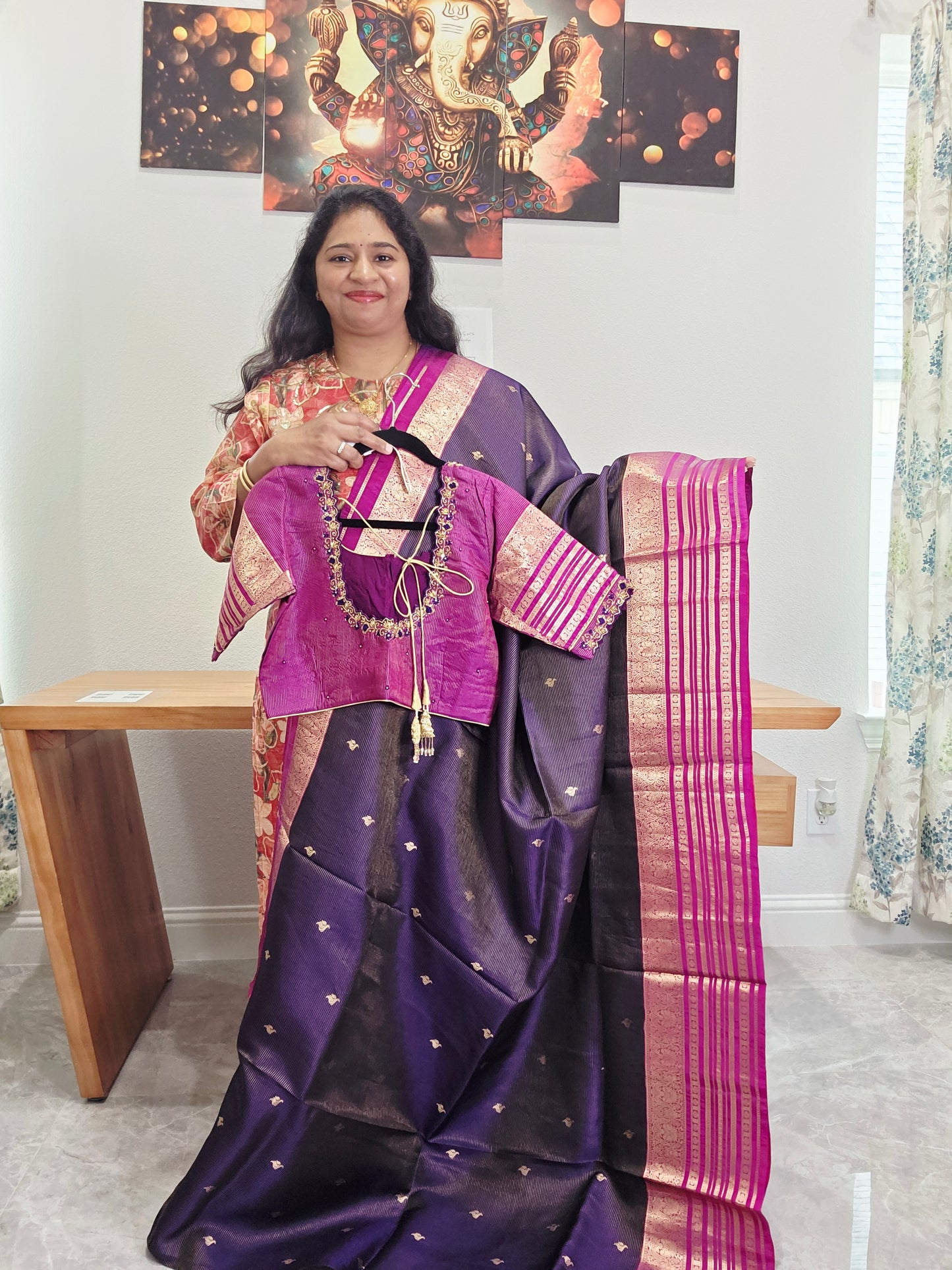 Pure Kanchi Soft Silk Handloom Saree in Deep Plum & Magenta with Zari Butta & Maggam Blouse