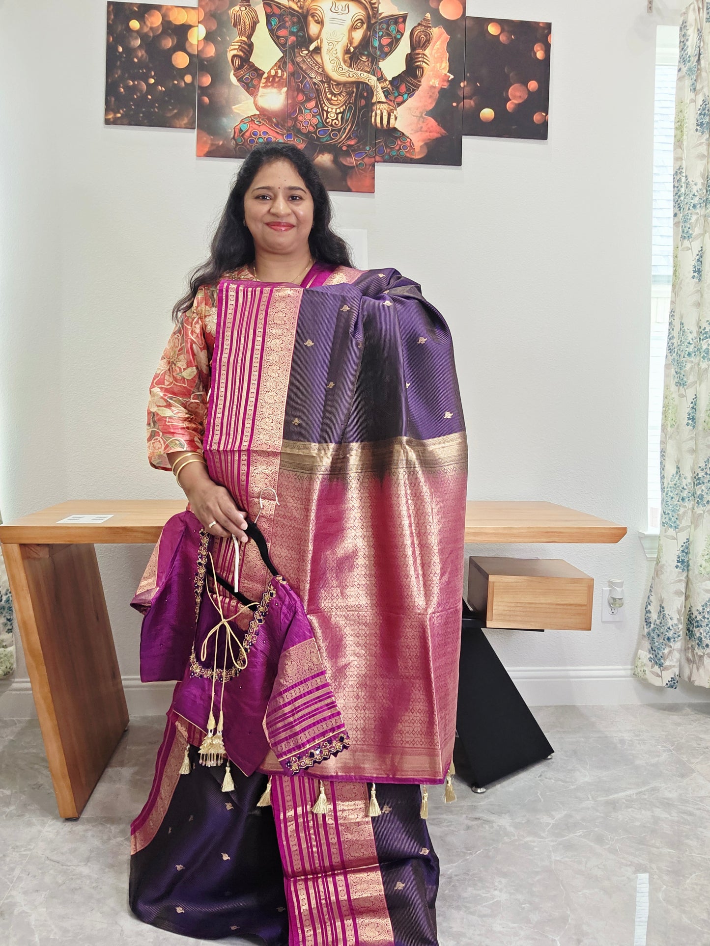 Pure Kanchi Soft Silk Handloom Saree in Deep Plum & Magenta with Zari Butta & Maggam Blouse