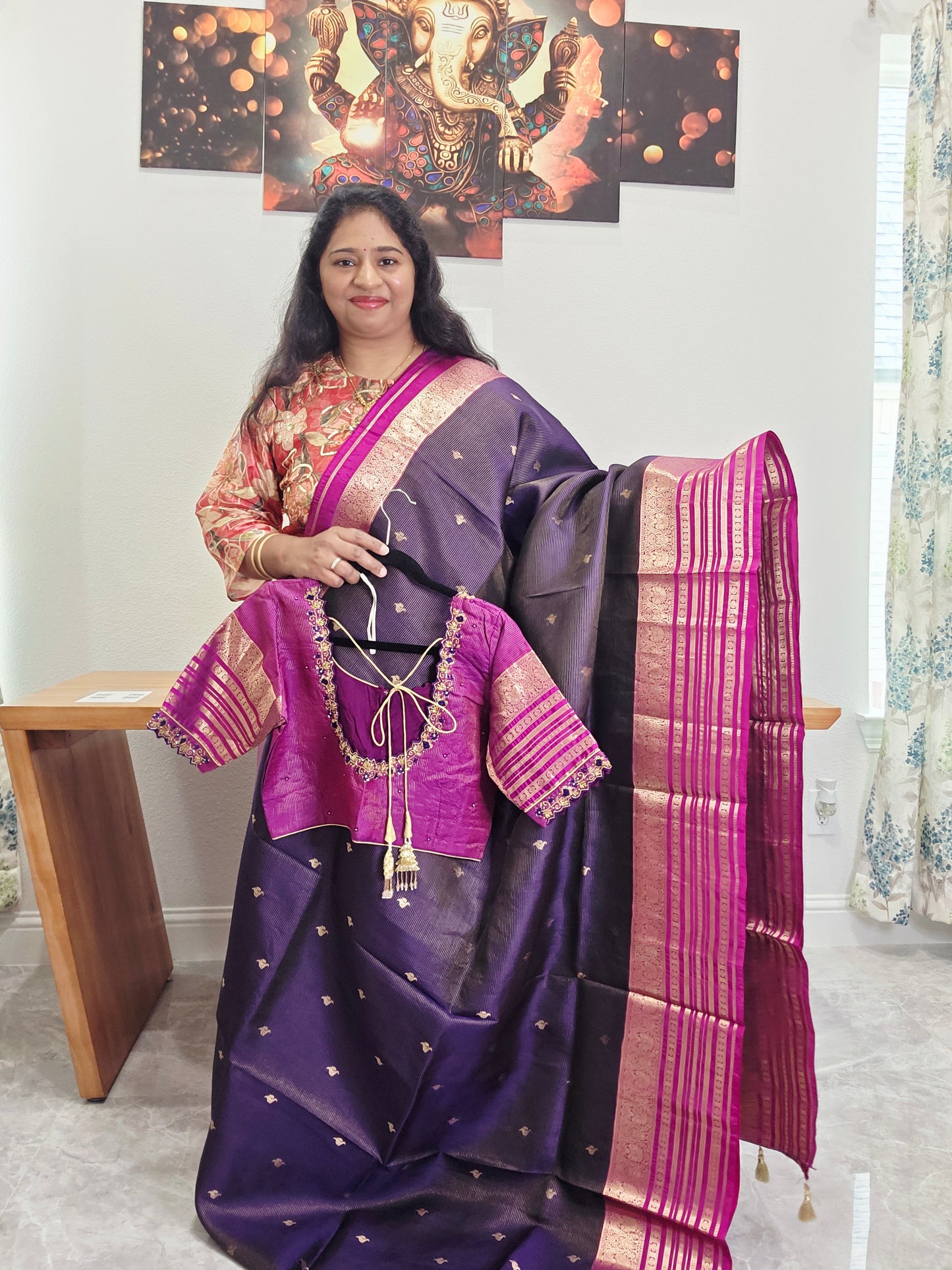 Pure Kanchi Soft Silk Handloom Saree in Deep Plum & Magenta with Zari Butta & Maggam Blouse