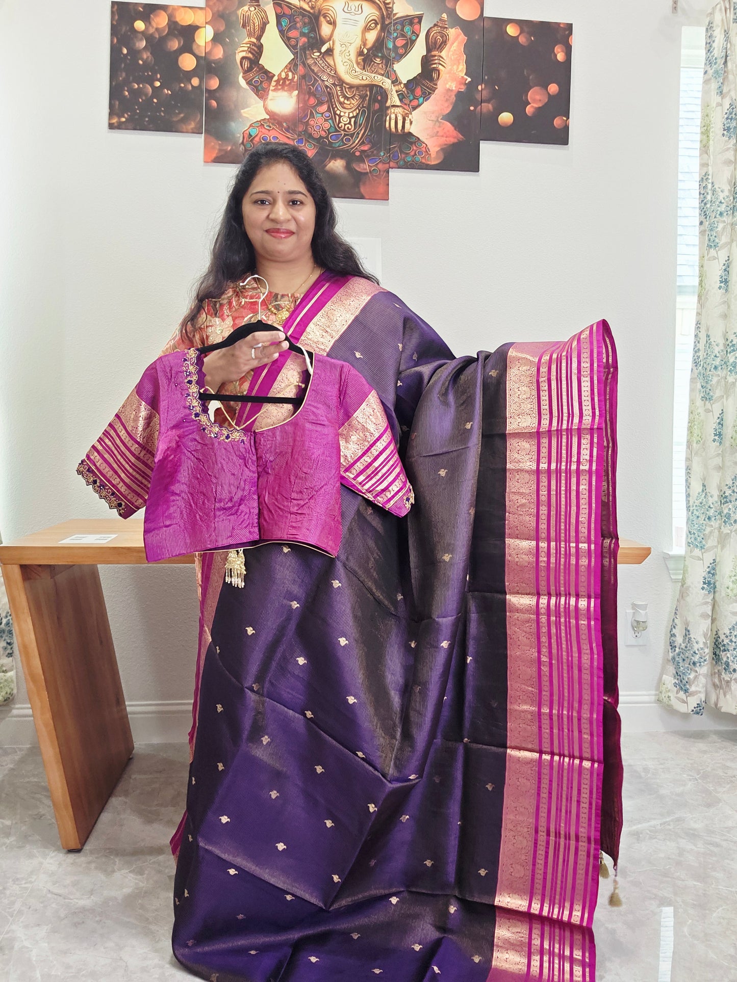 Pure Kanchi Soft Silk Handloom Saree in Deep Plum & Magenta with Zari Butta & Maggam Blouse