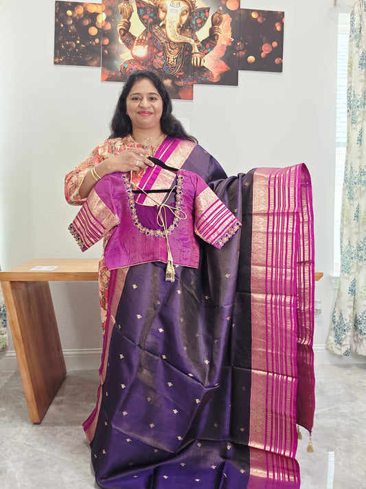 Pure Kanchi Soft Silk Handloom Saree in Deep Plum & Magenta with Zari Butta & Maggam Blouse