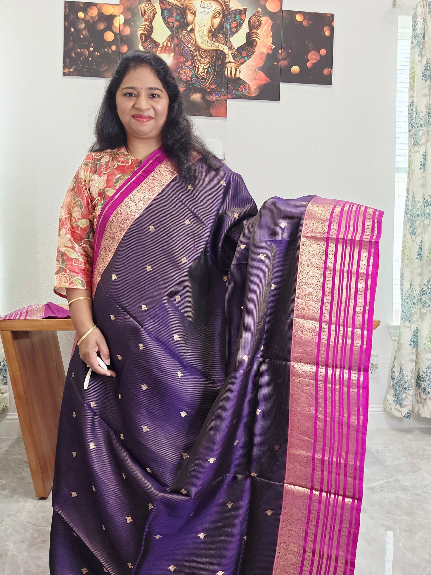 Pure Kanchi Soft Silk Handloom Saree in Deep Plum & Magenta with Zari Butta & Maggam Blouse
